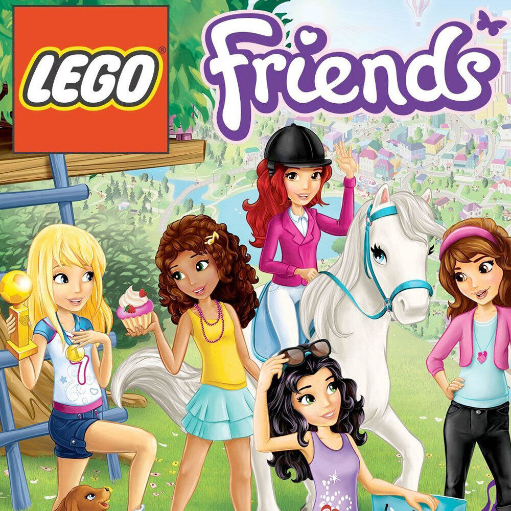 Copertina Lego Friends. Cinque ragazze con un cavallo e un cane, in un ambiente simile a un parco, logo Lego.