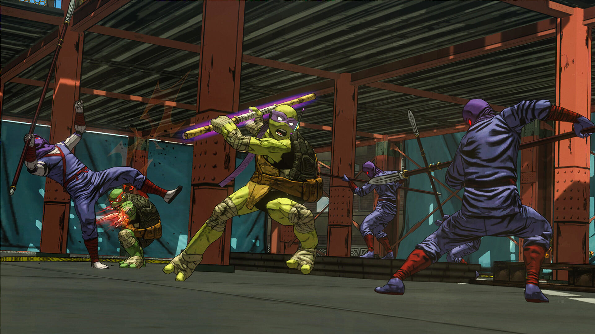 Teenage Mutant Ninja Turtles im Kampf mit Ninjas, in einer industriellen Umgebung.
