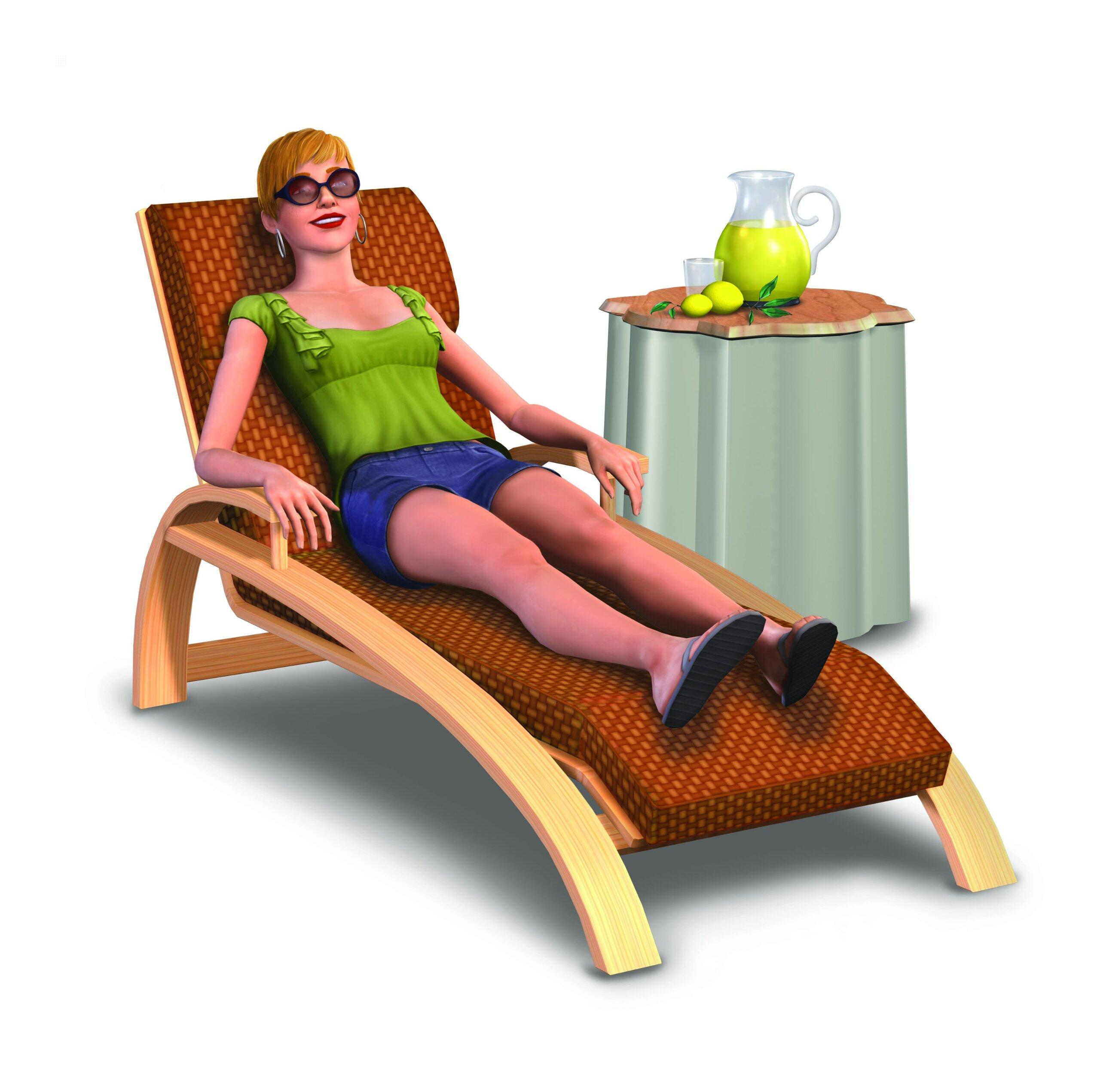 Frau auf Liegestuhl mit Sonnenbrille und Limonade.