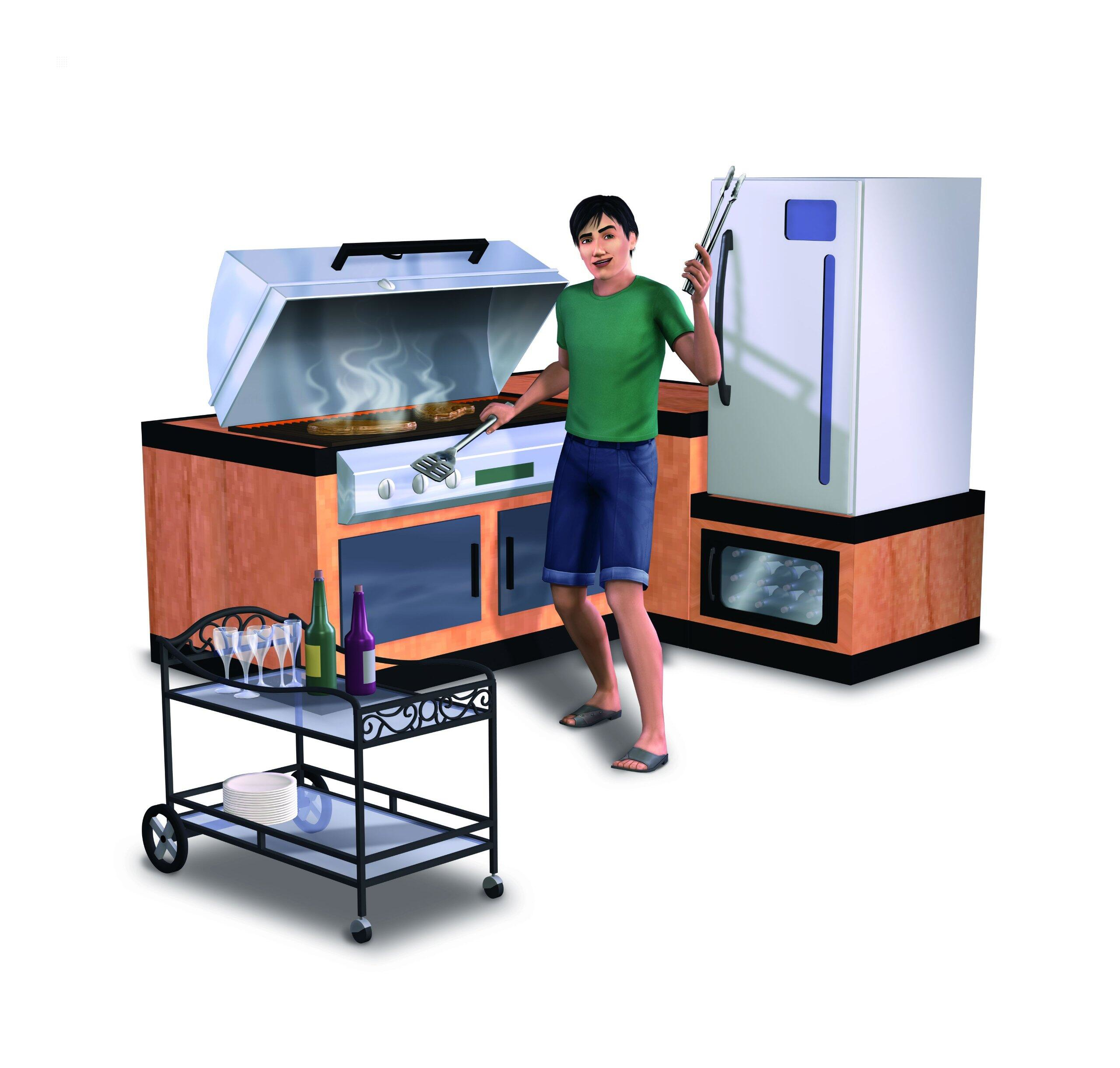 Ein Mann grillt draußen Essen, mit Kühlschrank und Wagen in der Nähe.