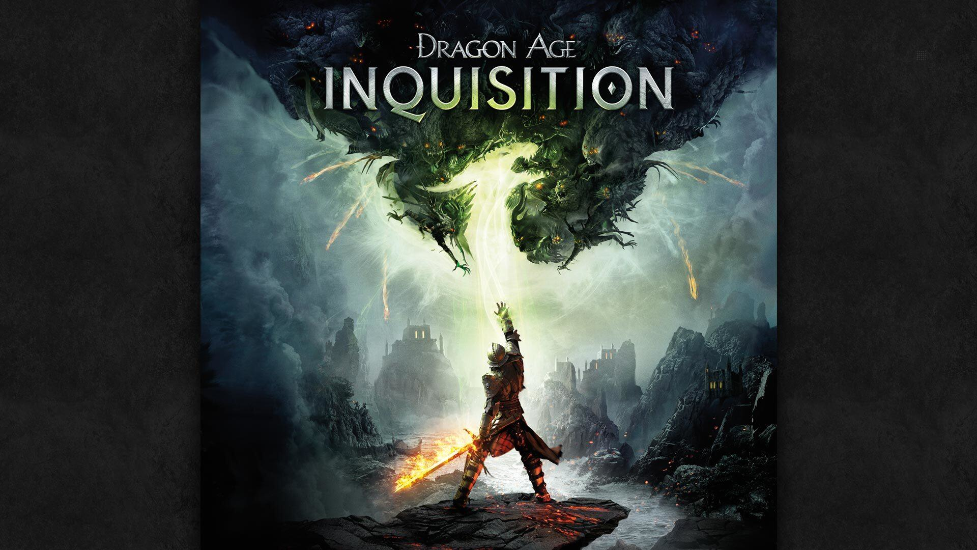 Gamecover van Dragon Age: Inquisition. Een figuur met een zwaard voor bergen, met groen licht.