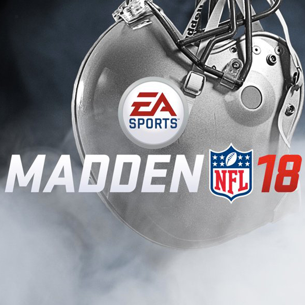 Copertina del gioco Madden NFL 18 con un casco argentato e i loghi EA Sports e NFL.
