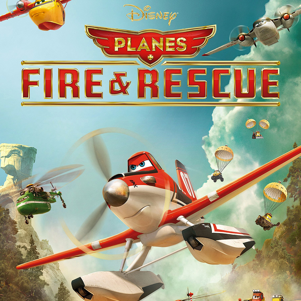 Plakat Disneya Planes: Fire & Rescue z czerwono-białym samolotem i innymi samolotami w locie.
