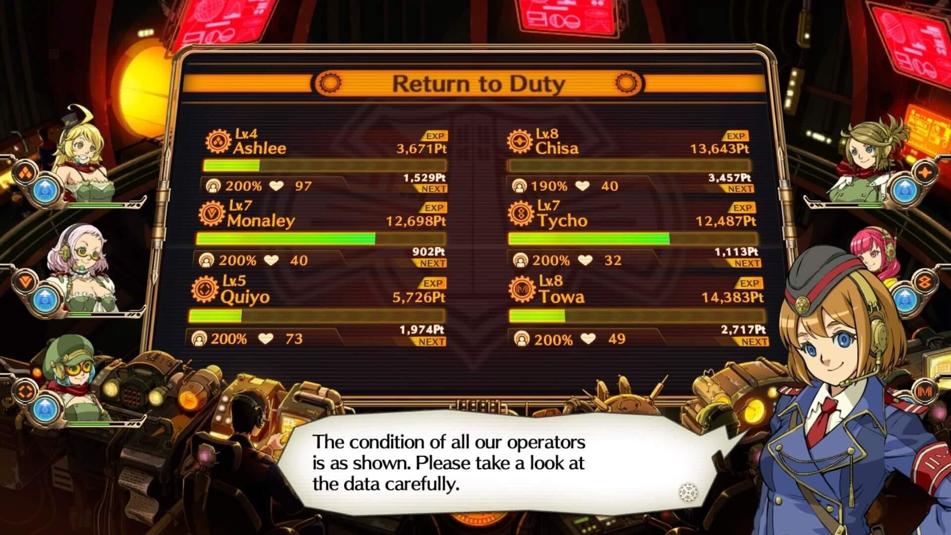 Interfejs gry ze statystykami postaci i tekstem. Obecna jest również kobieta w mundurze wojskowym.