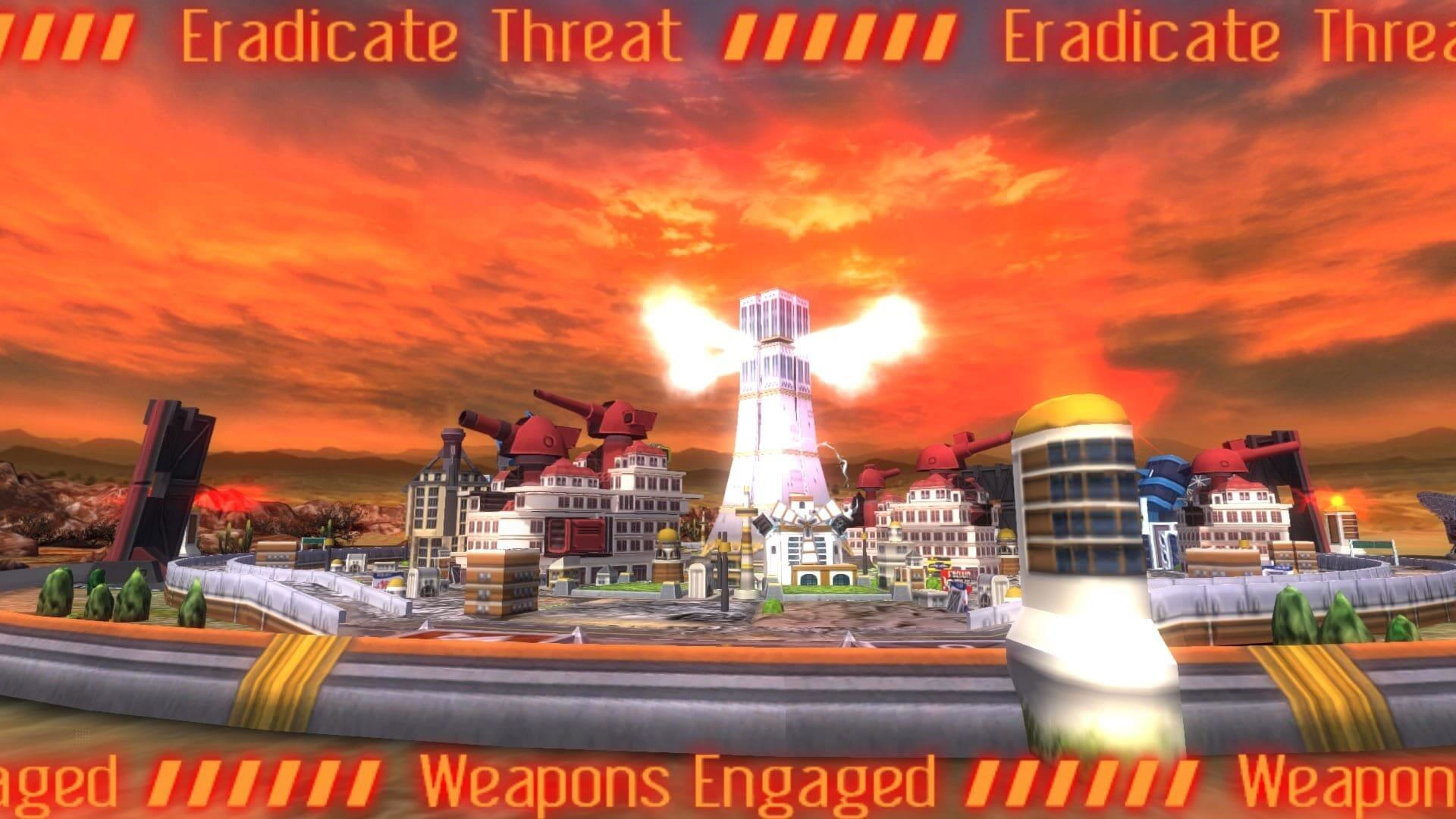 Eine Stadt unter Angriff. Explosionen und Alarme sind sichtbar. Der Himmel ist leuchtend orange.
