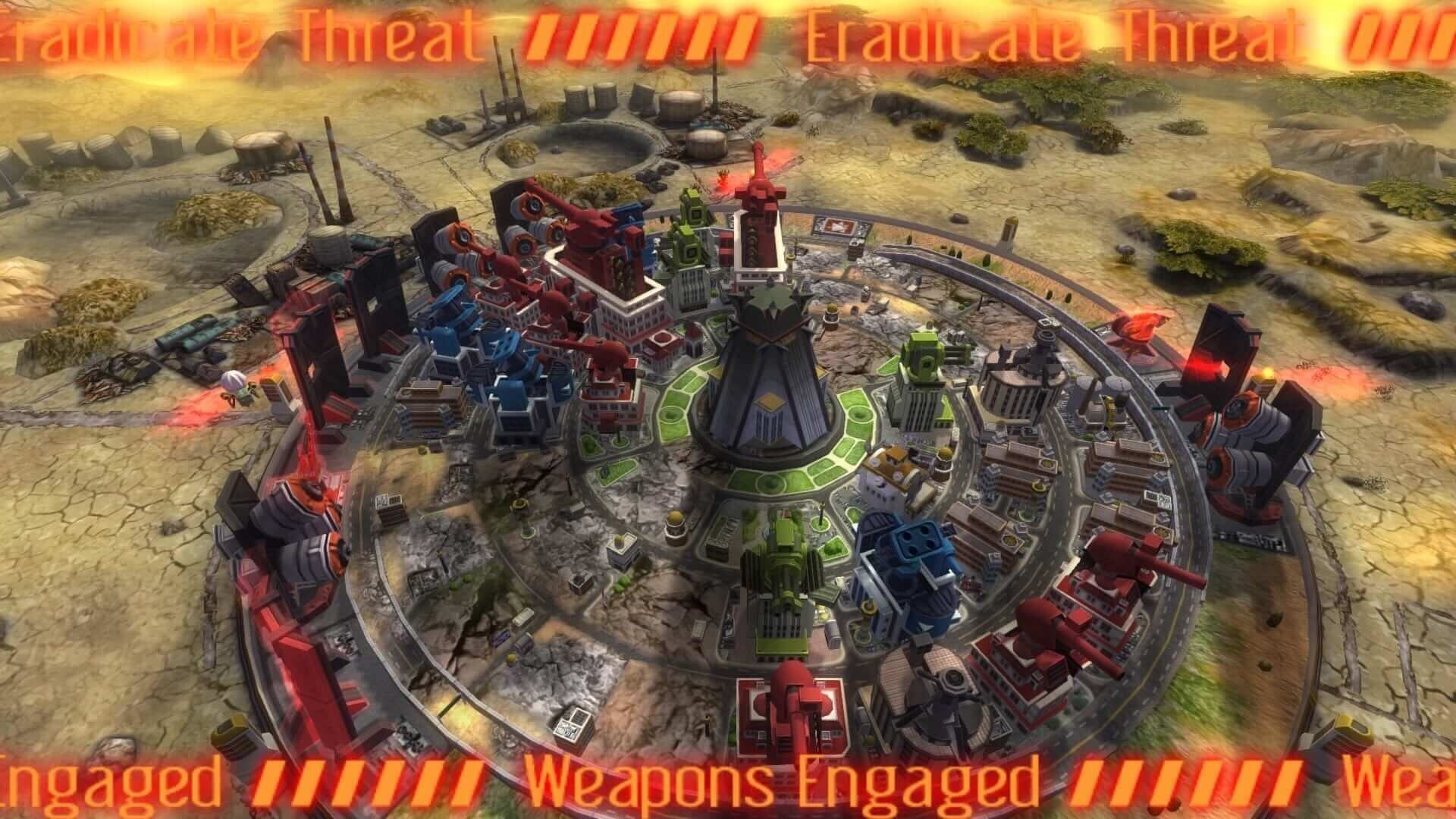 Eine Luftaufnahme einer Stadt im Angriff. Roter Text sagt "Eradicate Threat" und "Weapons Engaged".