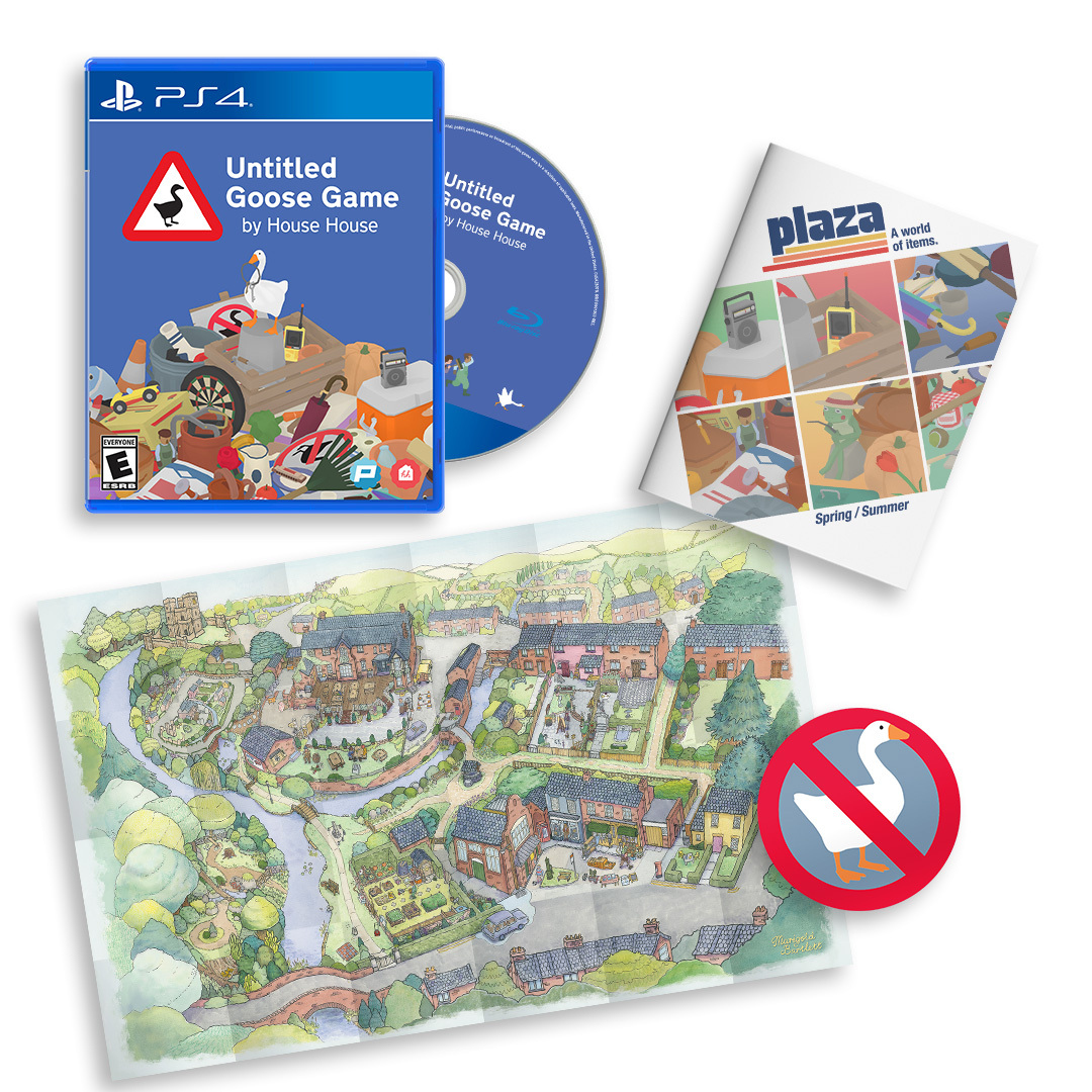 Scatola del gioco, disco, mappa e catalogo per 'Untitled Goose Game'. Presenta un'icona di oca.