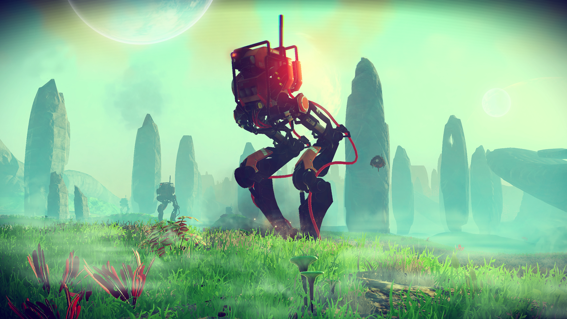 Ein Roboter mit Beinen geht auf grasbewachsenem Boden. Andere Roboter sind im Hintergrund. Ein Planet ist sichtbar.