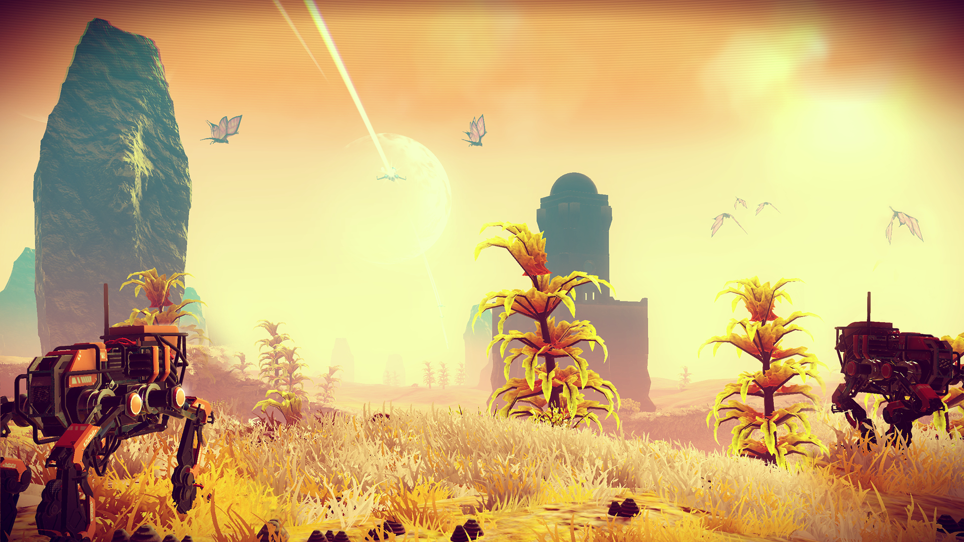 Spielszene. Eine Landschaft mit Roboterläufern und außerirdischen Pflanzen.