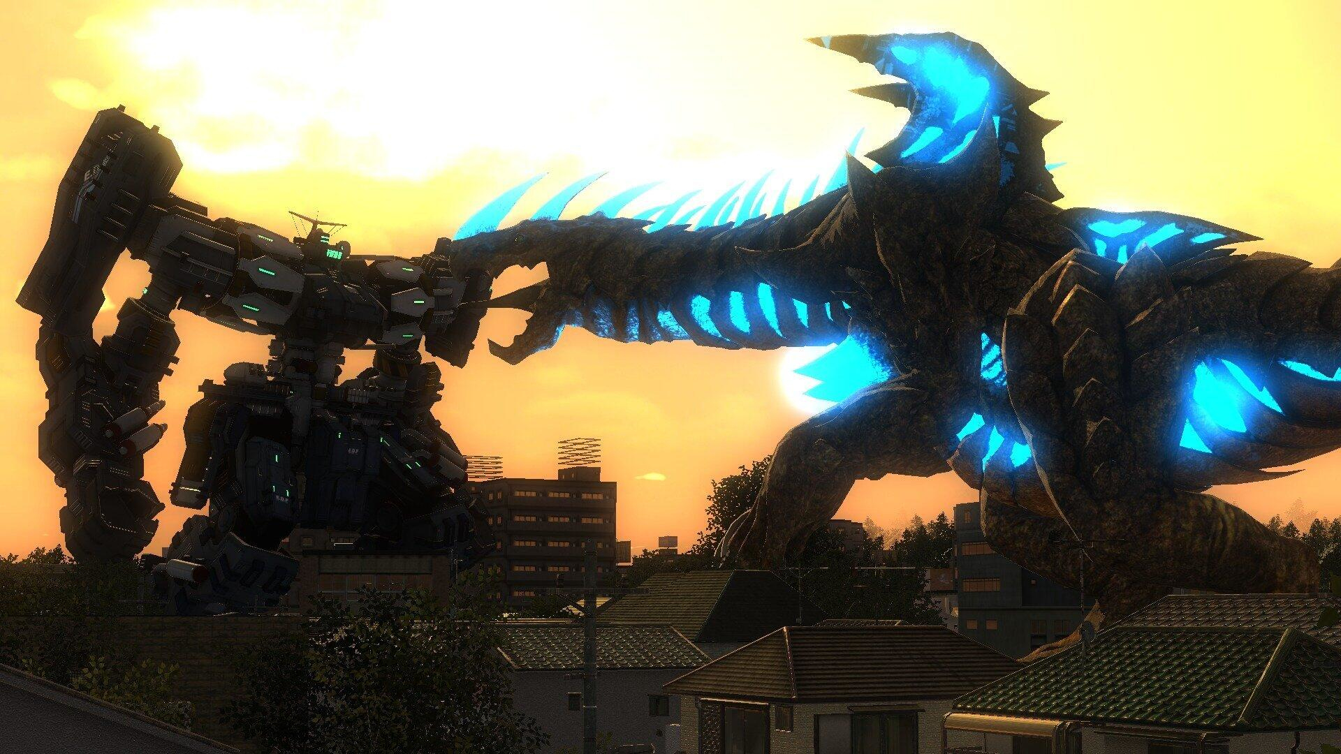 Ein riesiger Roboter kämpft gegen ein Monster. Eine Skyline ist im Hintergrund unter einem Sonnenuntergang.