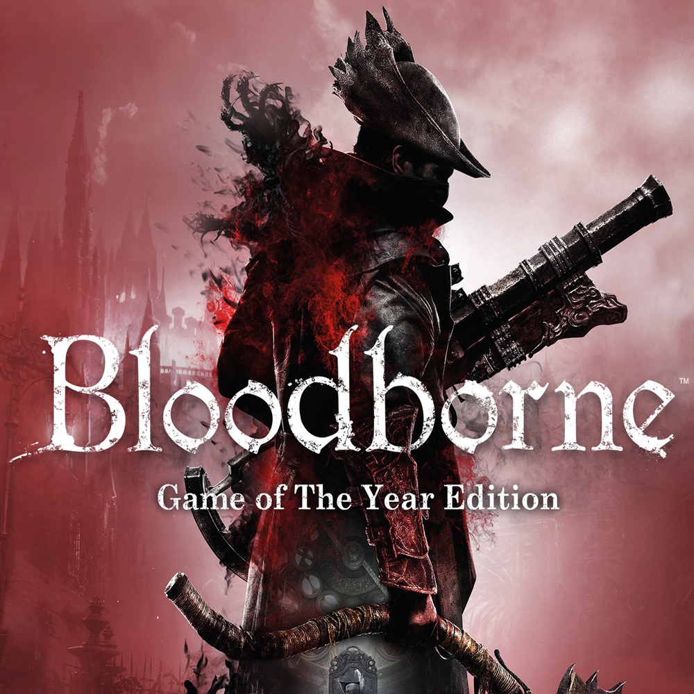 Bloodborne Game of the Year Edition Cover: Eine Figur mit einer Waffe, mit einem dunkelroten Hintergrund.