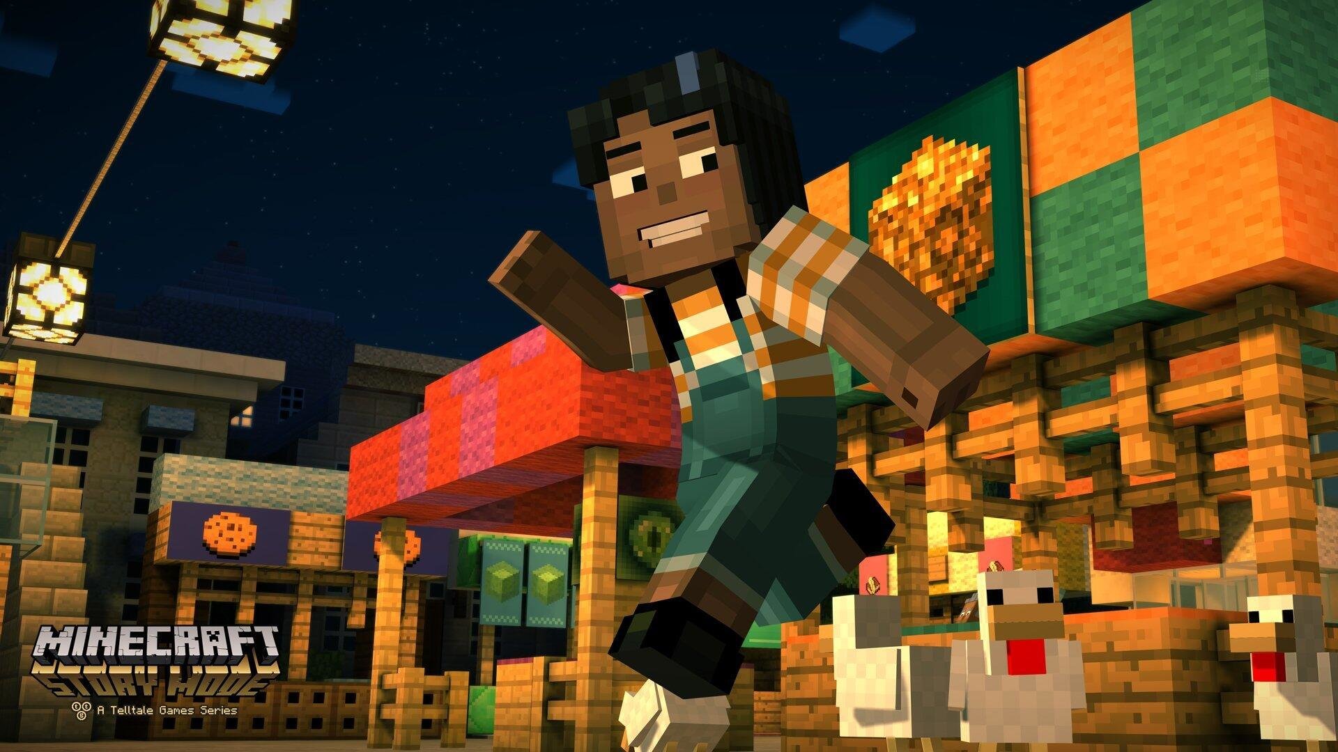 Minecraft-Charakter in Aktion, rennt in einer nächtlichen Stadtszene mit Lichtern und Gebäuden.