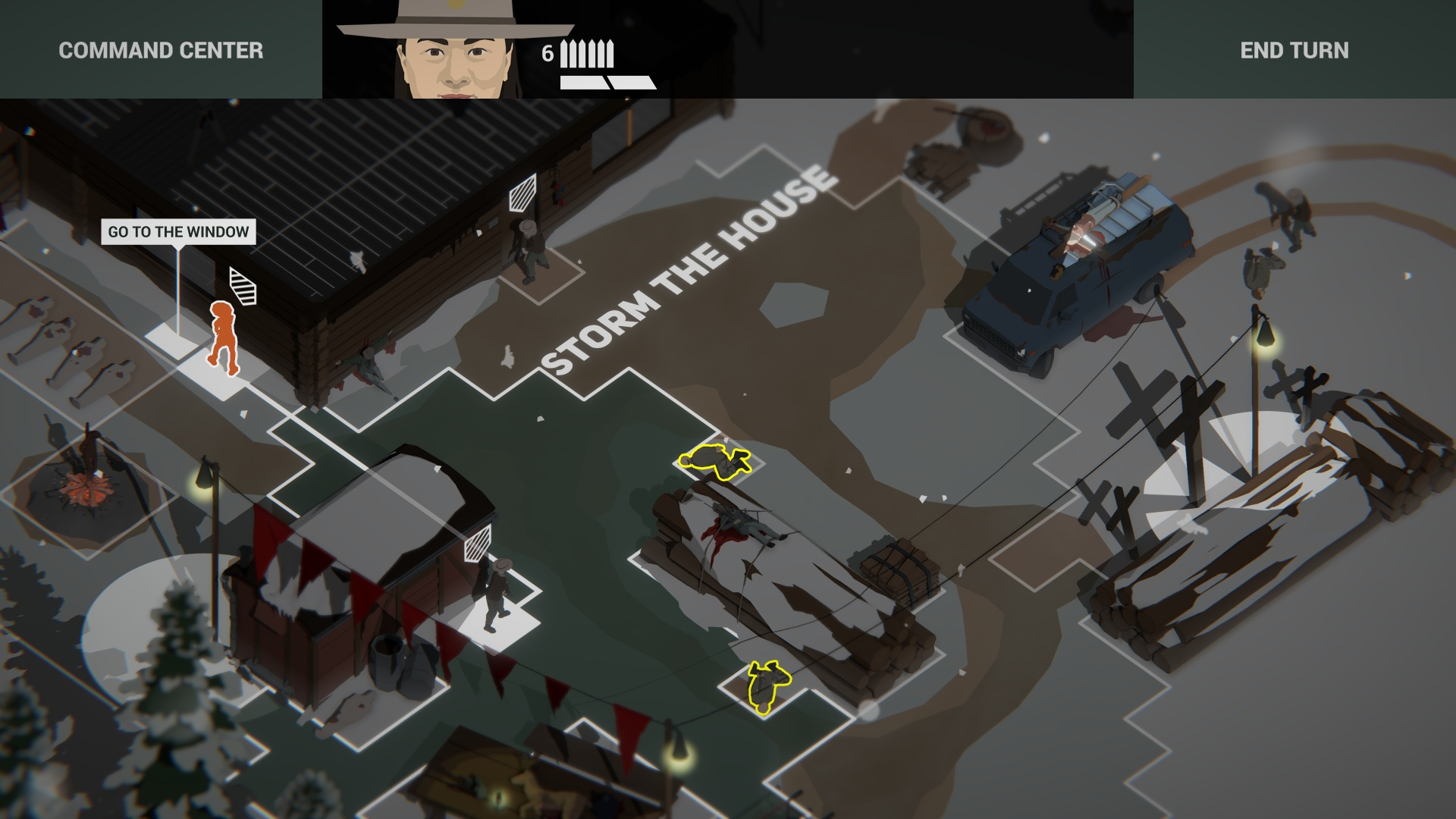 Widok z góry na scenę gry z budynkami, postaciami i układem mapy. Gra jest stylizowana.