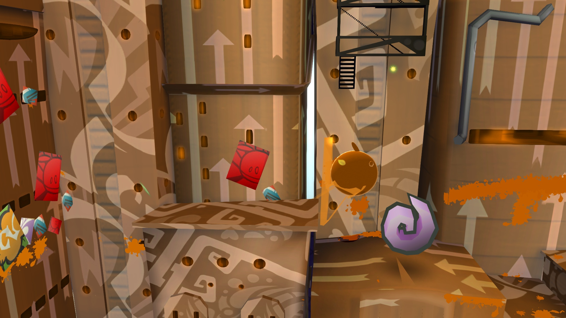 Eine abstrakte Spielszene mit Plattformen und Objekten. Der Kunststil ist farbenfroh und verspielt.