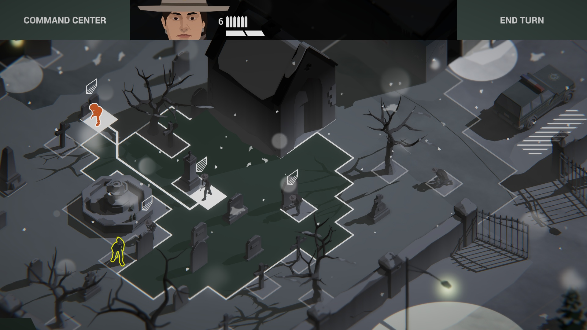 Widok z góry na scenę gry. Postacie i budynki są pokazane na siatce.