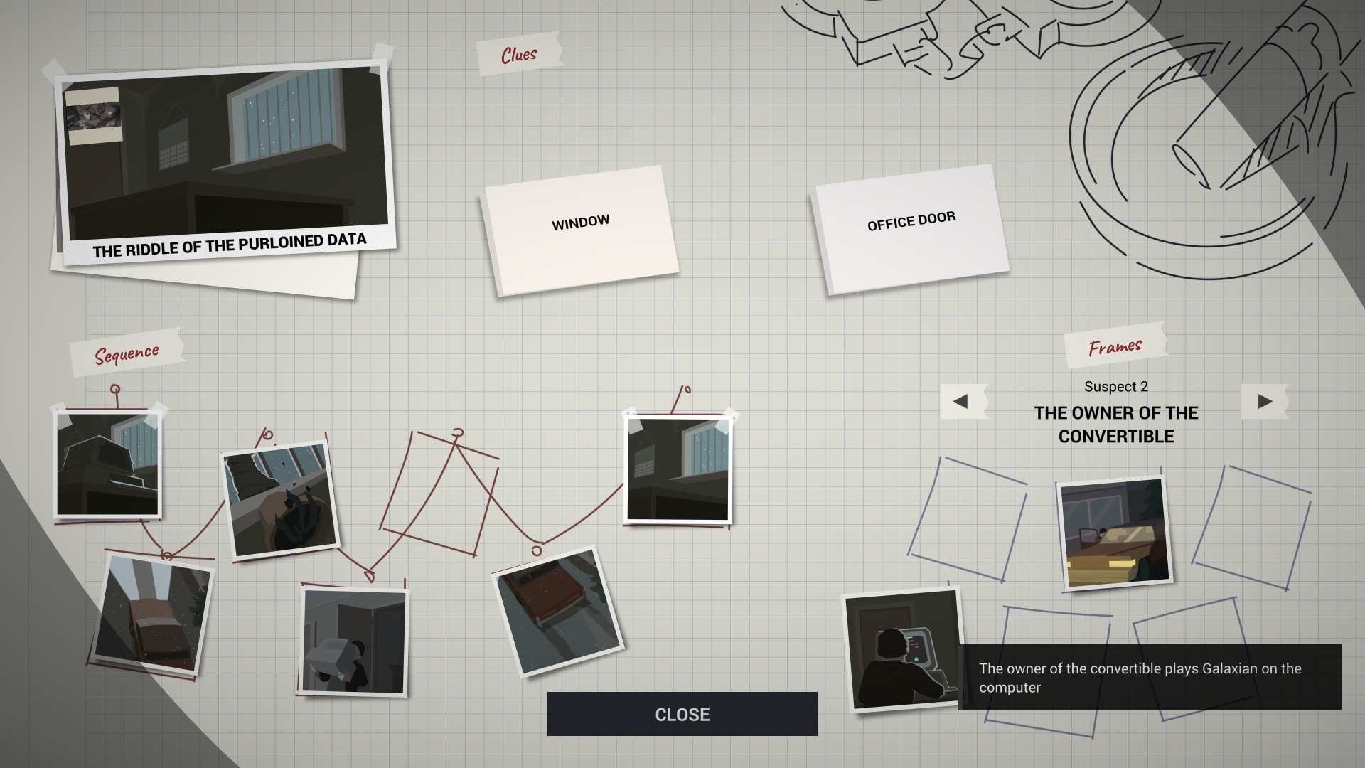 Scena gry detektywistycznej. Pokazana jest tablica ze wskazówkami i zdjęciami.