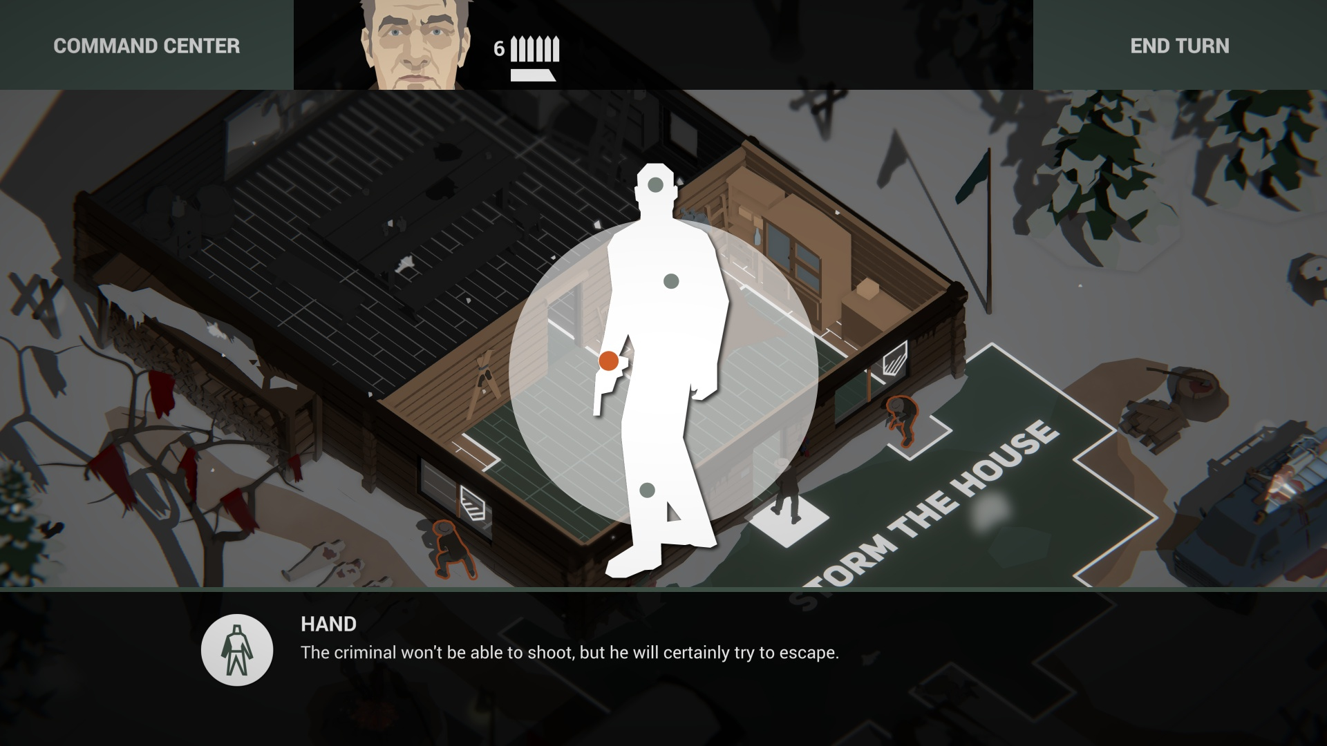 Widok z góry na scenę z gry. Postać celuje z broni w budynek.