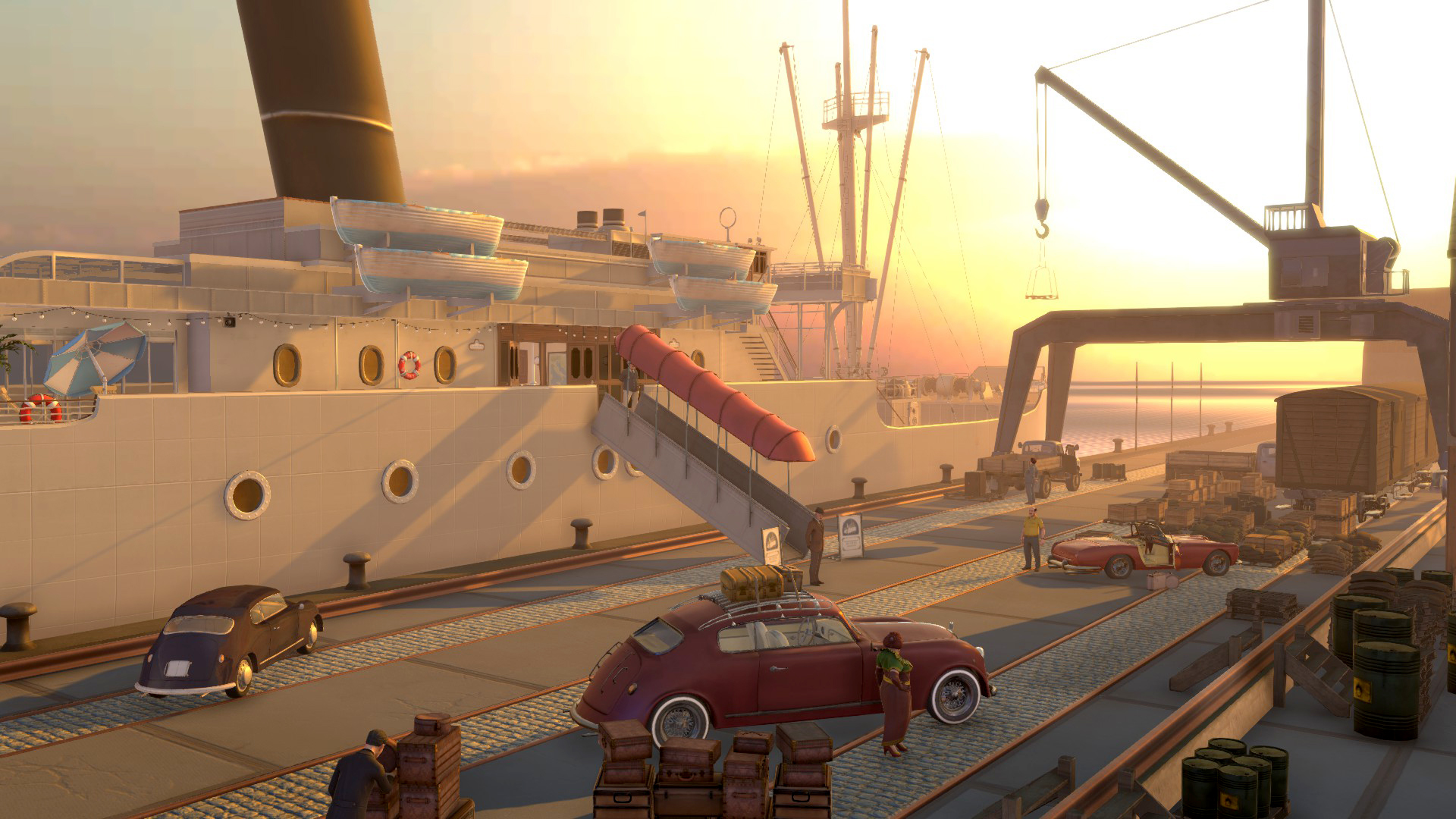 Ein Schiff dockt an einem Hafen an. Autos und Menschen befinden sich am Pier. Ein Kran ist sichtbar.