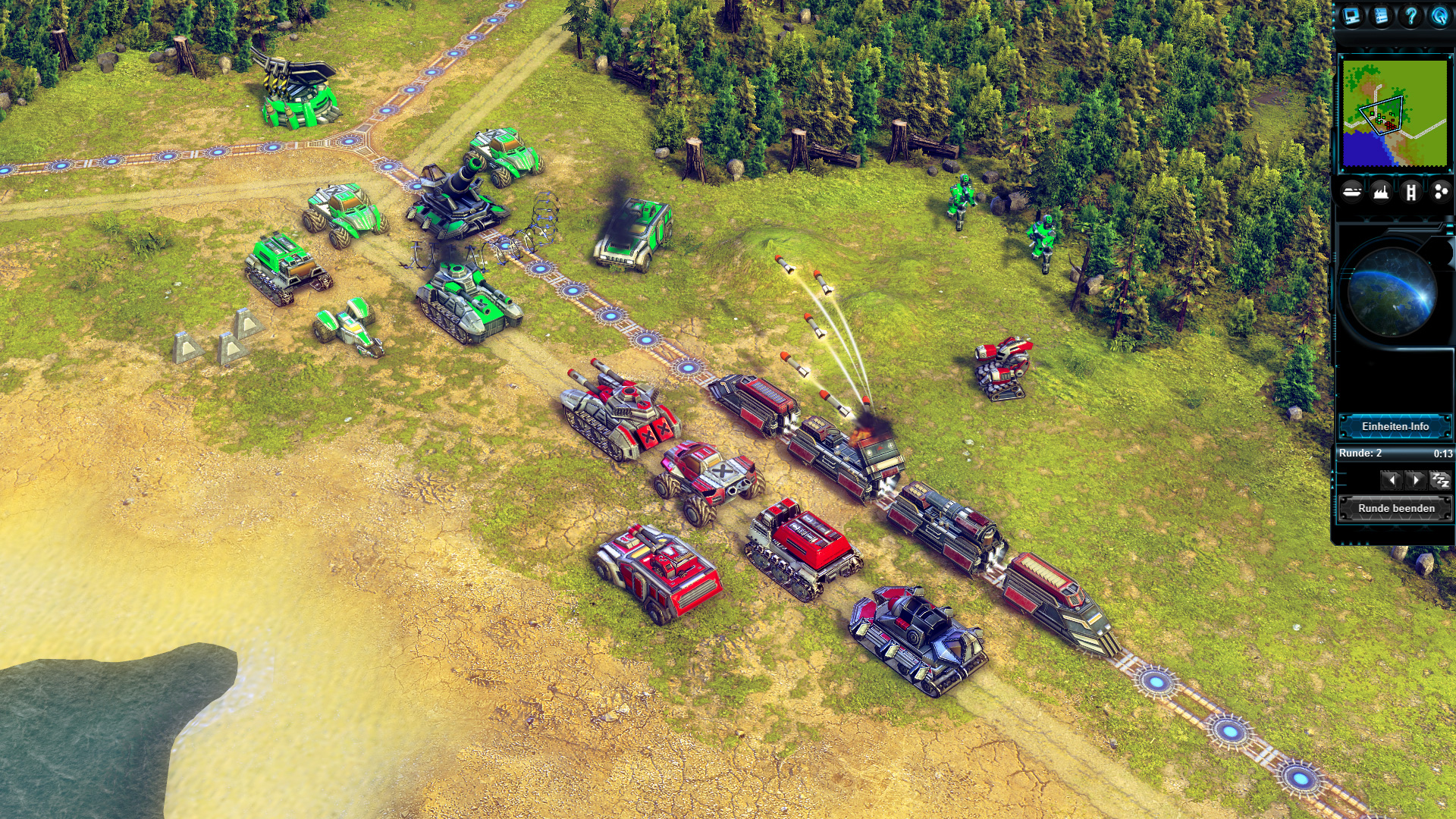 Widok z góry na scenę bitwy z różnymi jednostkami wojskowymi walczącymi w walce.