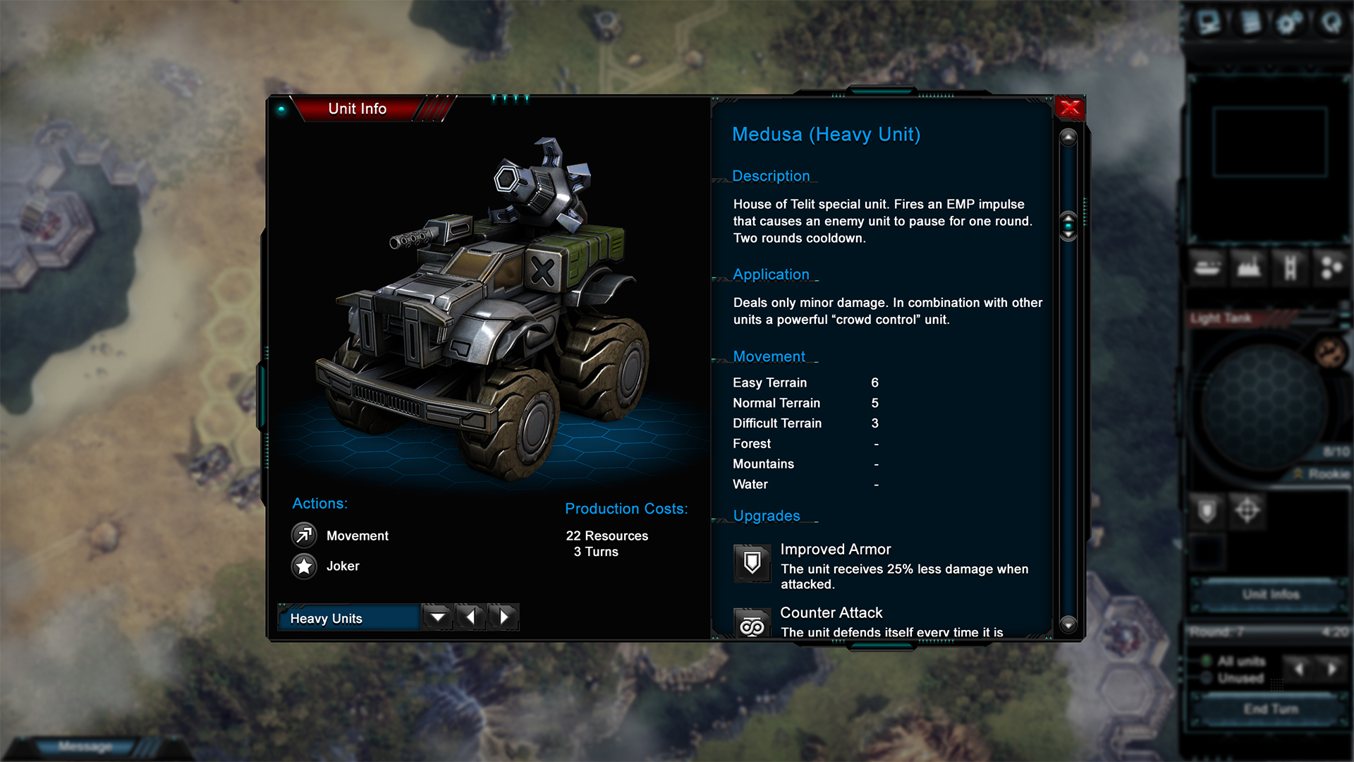 Interfejs gry pokazuje pojazd podobny do czołgu ze statystykami i opcjami akcji, w tym 'Ruch'.