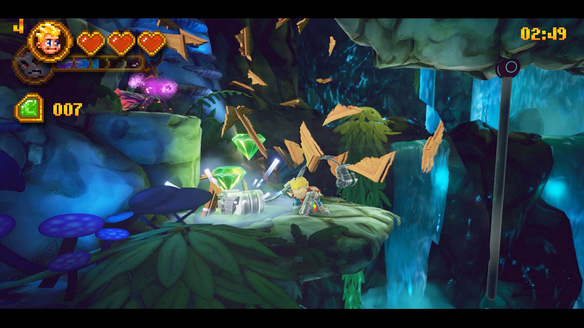 Eine Videospiel-Figur steht auf einer Plattform mit Edelsteinen und einem Wasserfall. Der Hintergrund ist blau und grün.