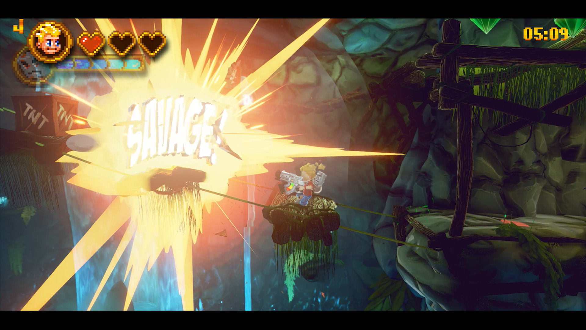 Eine Videospiel-Figur befindet sich in einer Explosion mit der Aufschrift 'SAVAGE'. Der Hintergrund ist höhlenartig.
