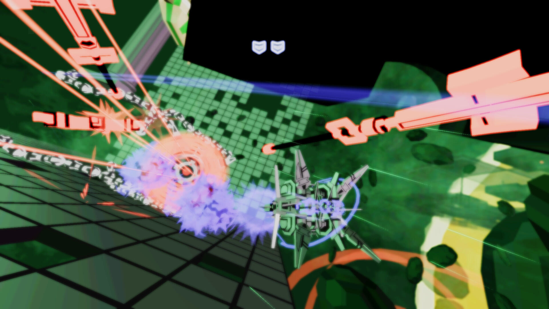 Eine rasante Weltraumspielszene. Raumschiffe, die aufeinander feuern, mit einem futuristischen Hintergrund.