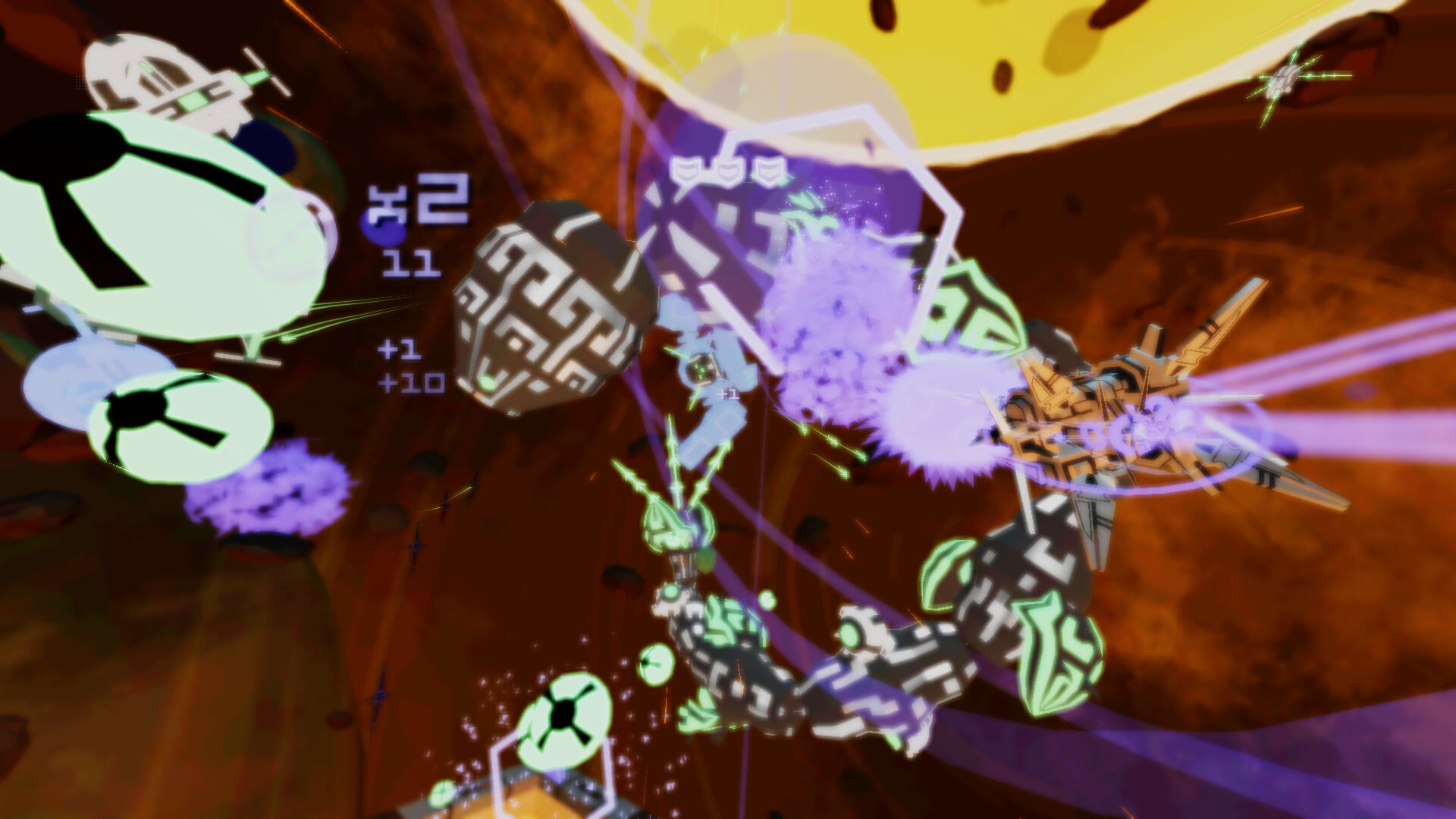 Eine Weltraumspielszene mit mehreren Raumschiffen und Explosionen, mit einem lebendigen Hintergrund.