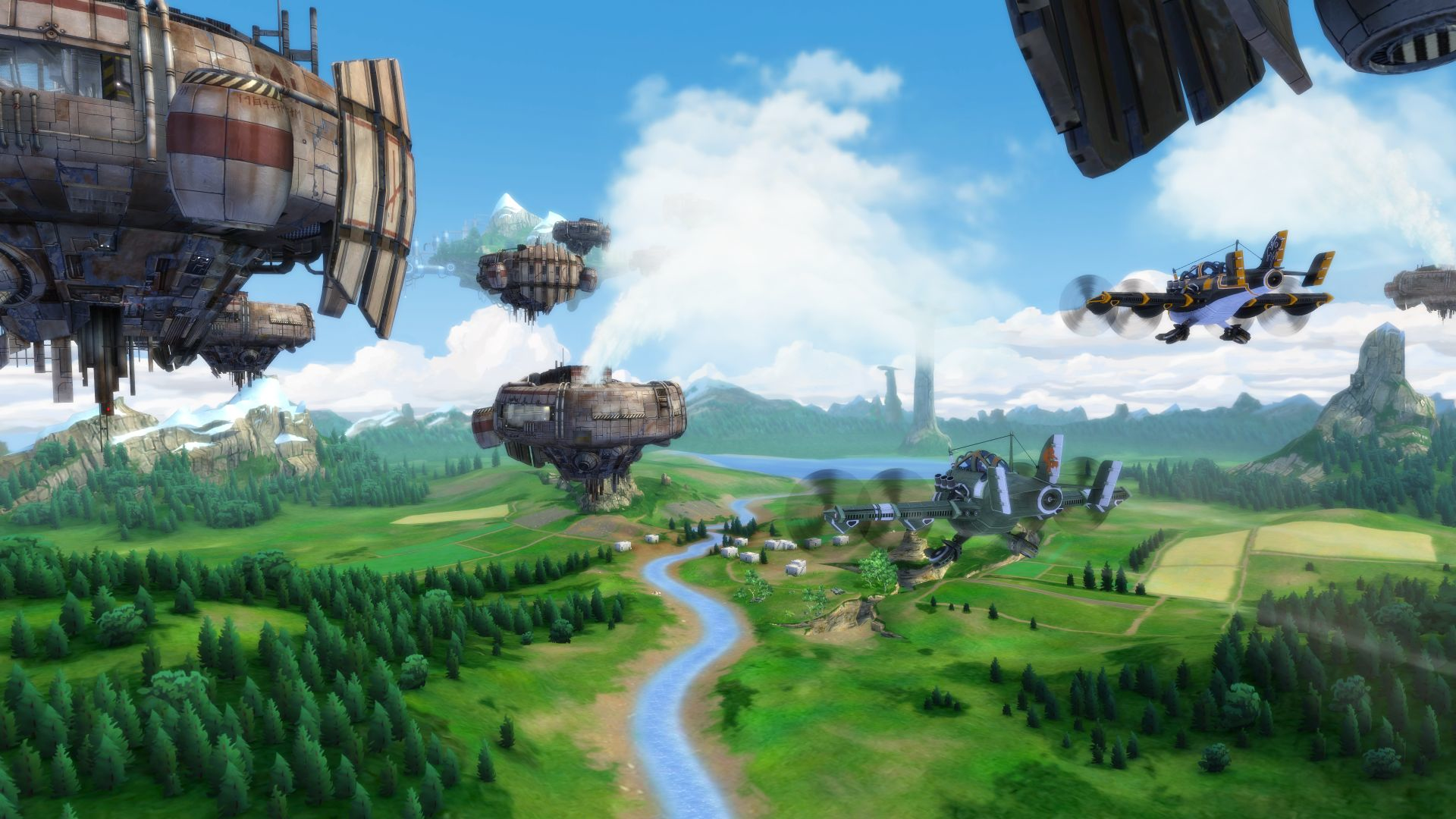 Futurystyczna scena z latającymi pojazdami. Budynki i rzeka pod błękitnym niebem z chmurami.