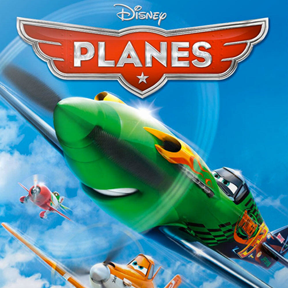 Ein grünes Flugzeug mit einem lächelnden Gesicht fliegt auf den Betrachter zu. Der Titel 'PLANES' ist sichtbar.