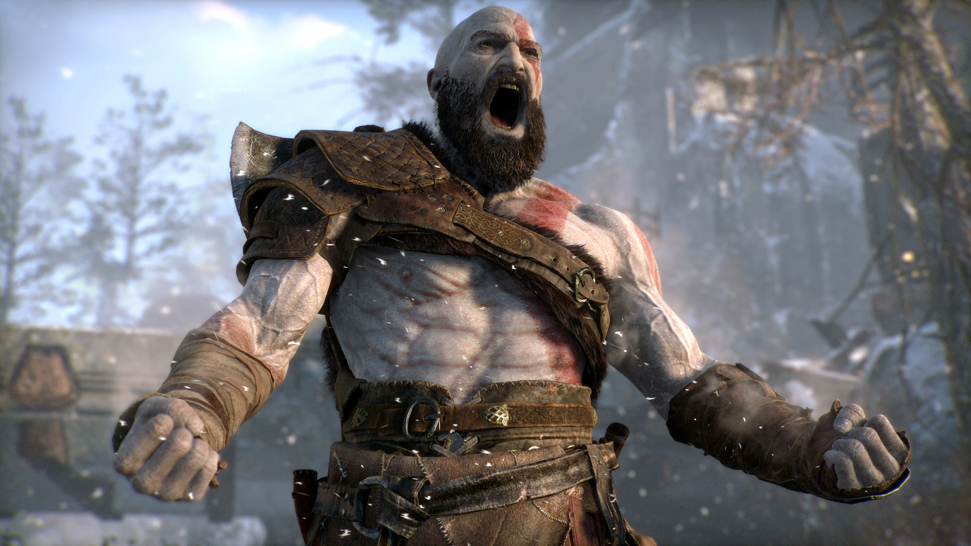 Kratos krzyczy, patrząc w górę z otwartymi ustami. Jego twarz jest pokryta krwią.