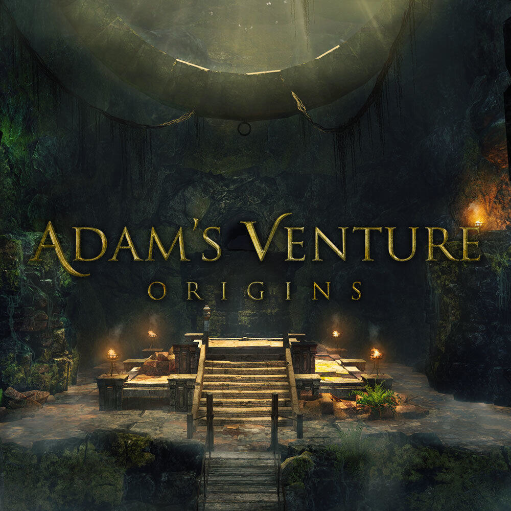 Adam's Venture Origins-Spielcover. Eine Steinstruktur mit Fackeln. Spieltitel in der Mitte.