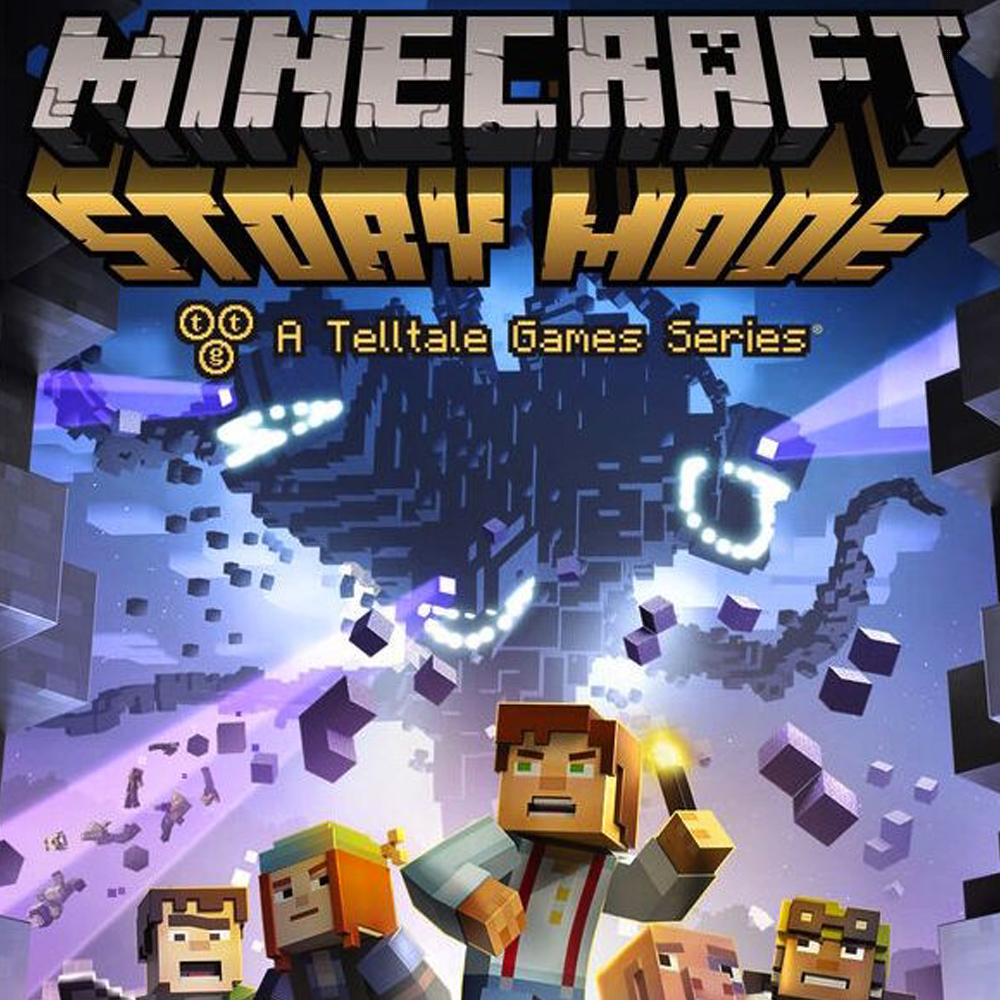 Okładka Minecraft Story Mode. Postacie stoją przed pikselowym potworem. Tytuł gry na górze.