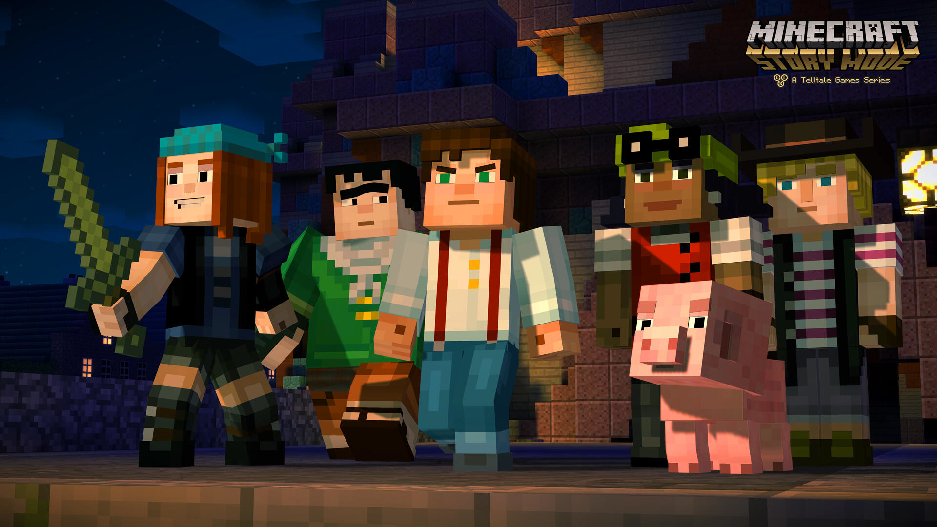 Minecraft-Charaktere stehen nachts zusammen. Gebäude im Hintergrund. Ein Schwein steht vorne.