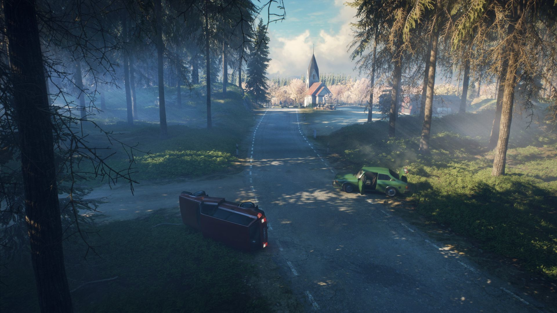 Ein Auto liegt überschlagen auf einer Straße im Wald. Im Hintergrund eine Kirche, ein weiteres Auto auf der Straße.
