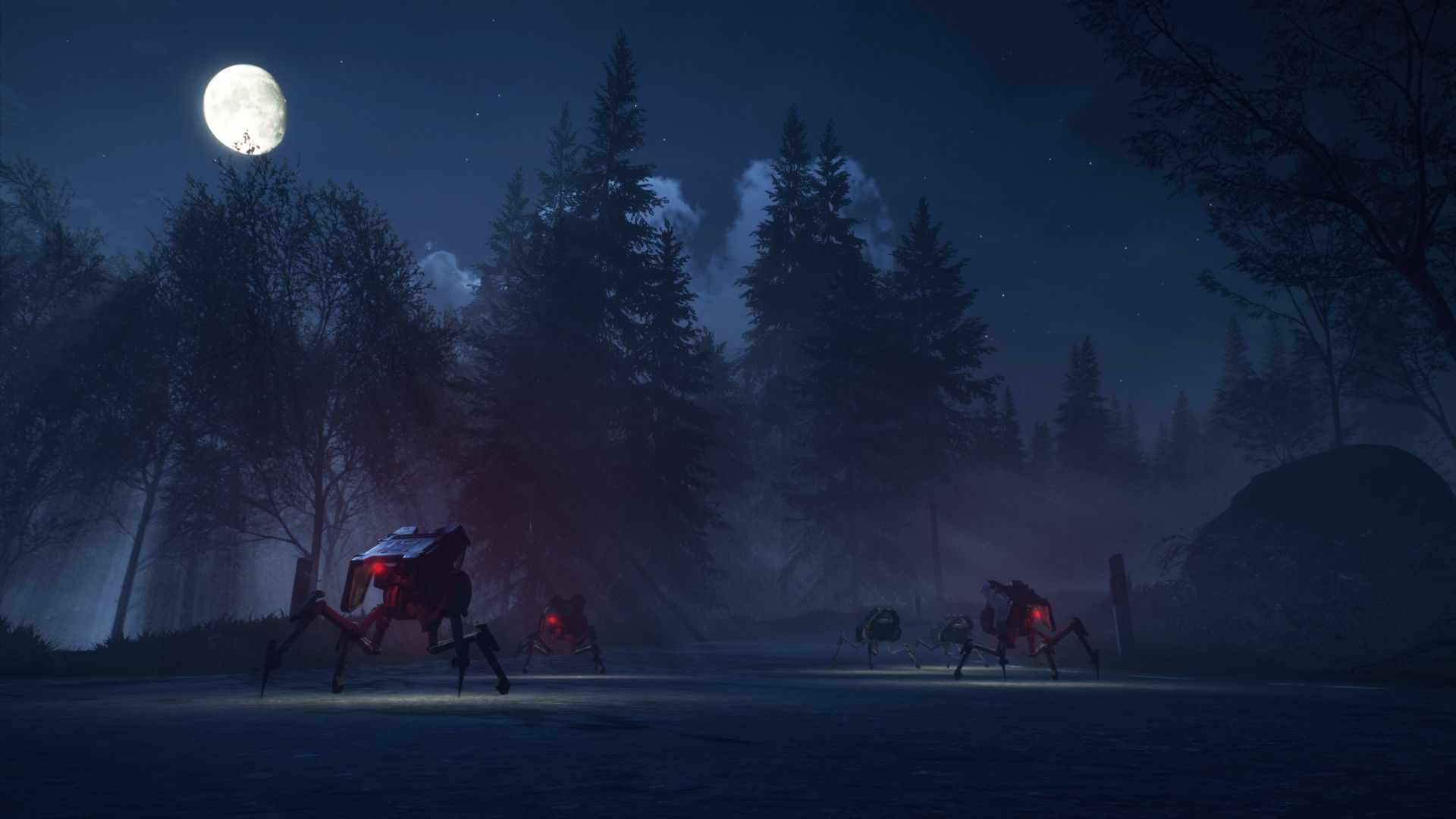 Roboter in einem Wald bei Nacht. Der Mond steht am Himmel. Die Roboter haben rote Lichter.