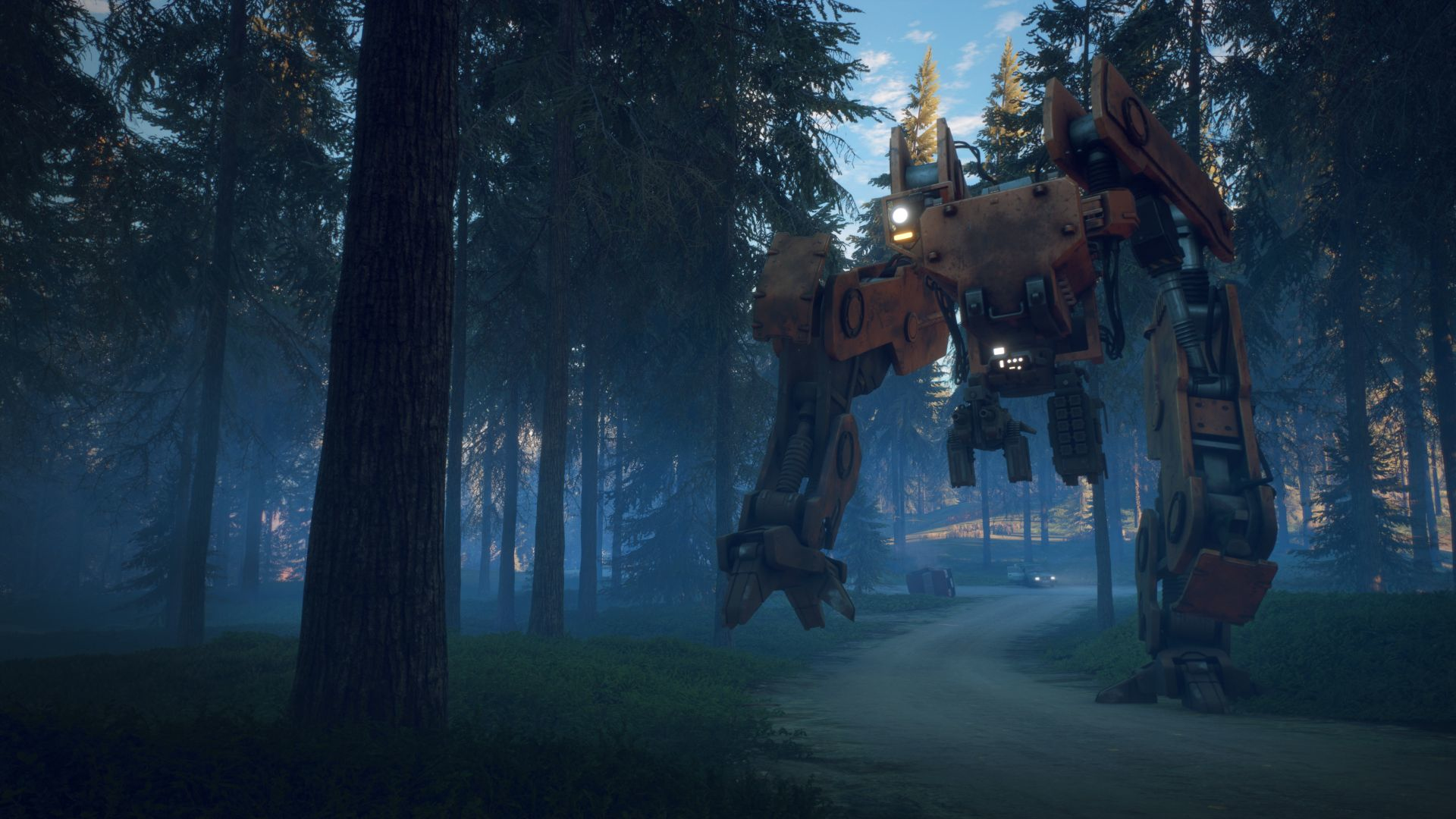 Ein Roboter-Walker auf einer Waldstraße. Der Roboter ist orange, mit Bäumen auf beiden Seiten der Straße. Nachtszene.