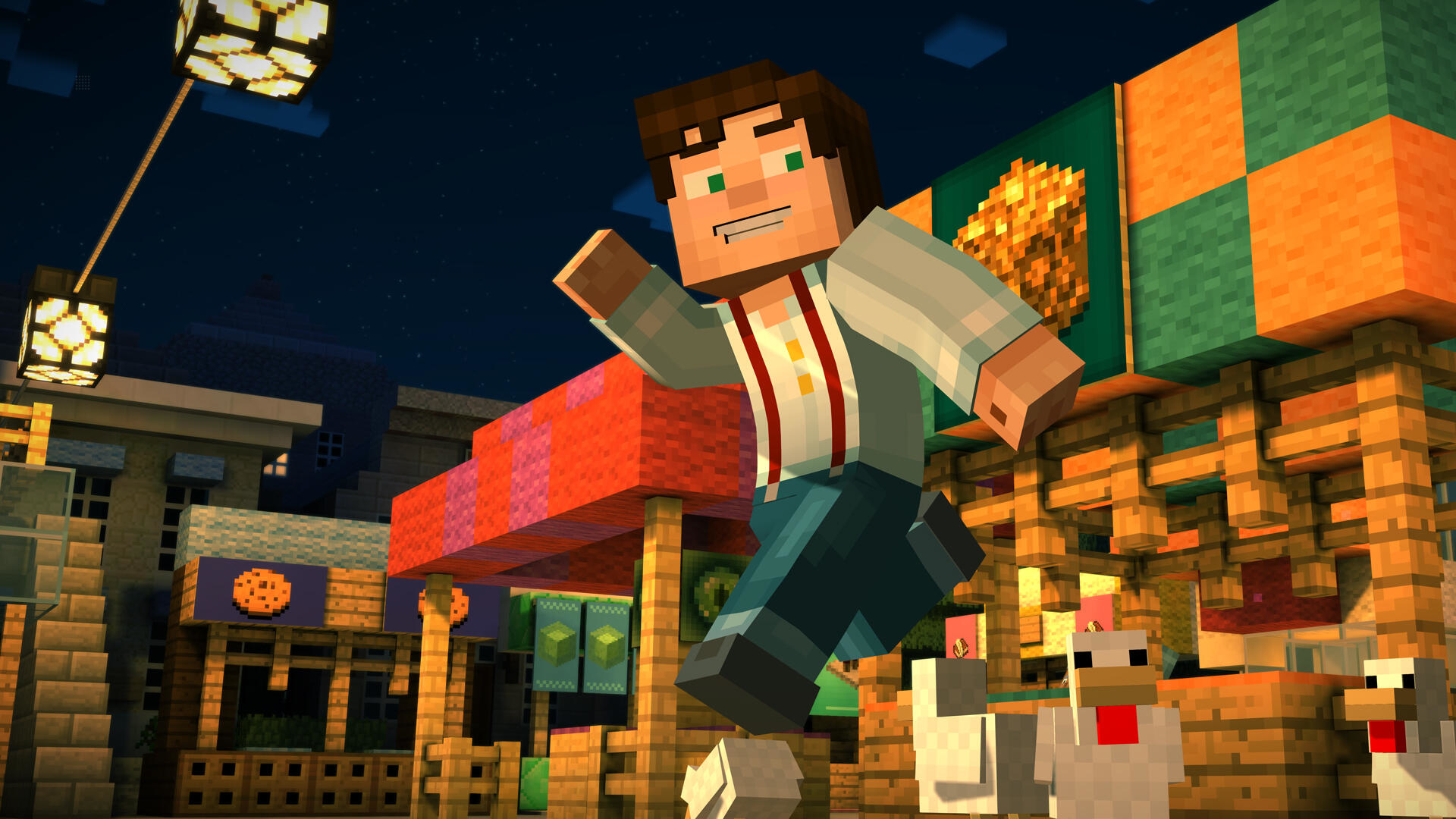 Minecraft-Figur, die in einer Stadtumgebung mit Nachthimmel und Gebäudestrukturen rennt.
