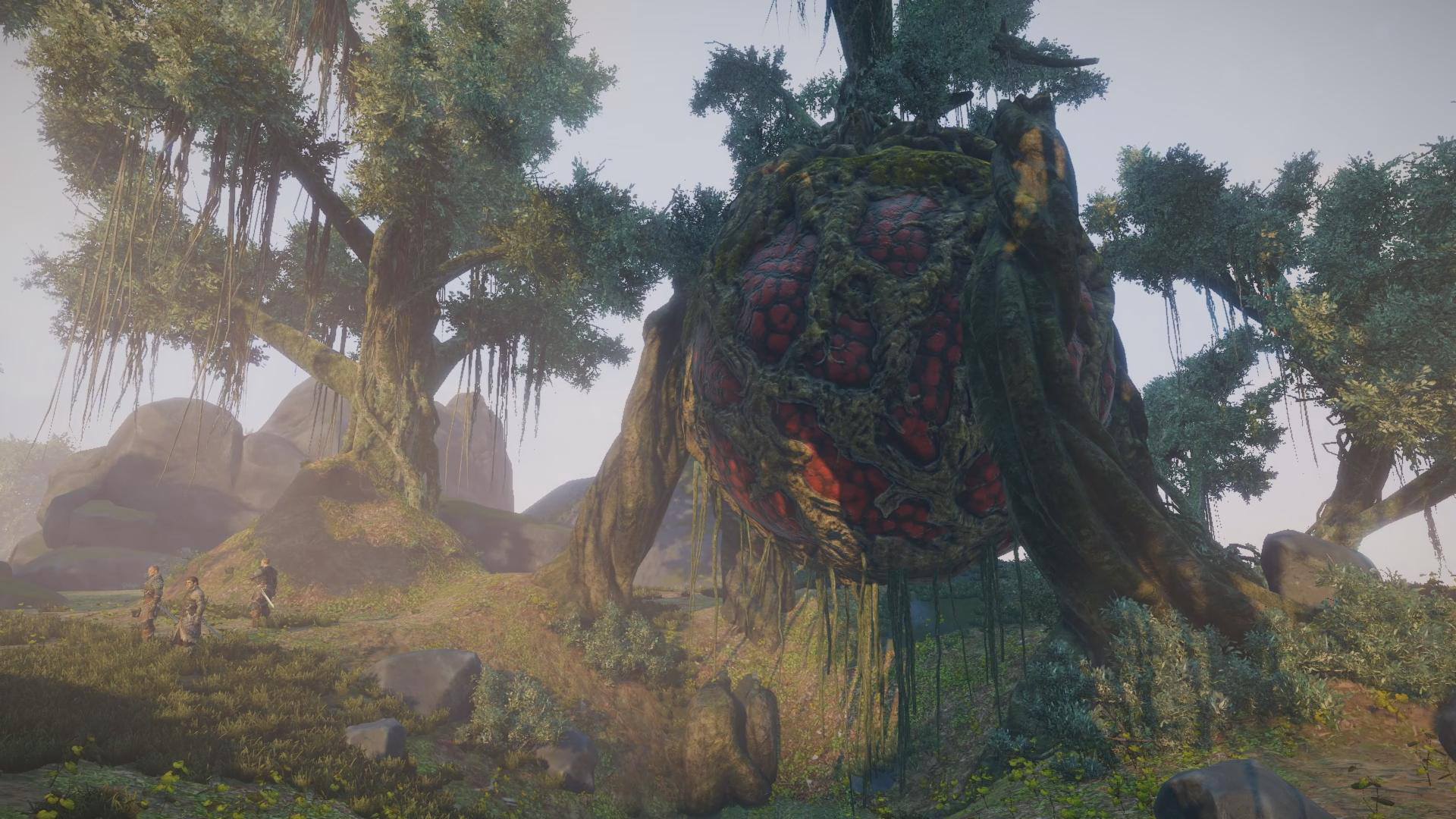 Riesenbaum-Monster mit rotem Kern, umgeben von Bäumen und Figuren in einer Fantasy-Landschaft.