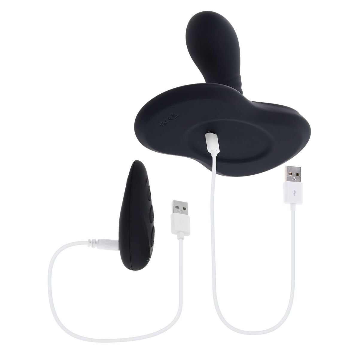 Ein schwarzer Vibrator mit Ladegerät und Fernbedienung mit USB-Kabeln wird gezeigt.