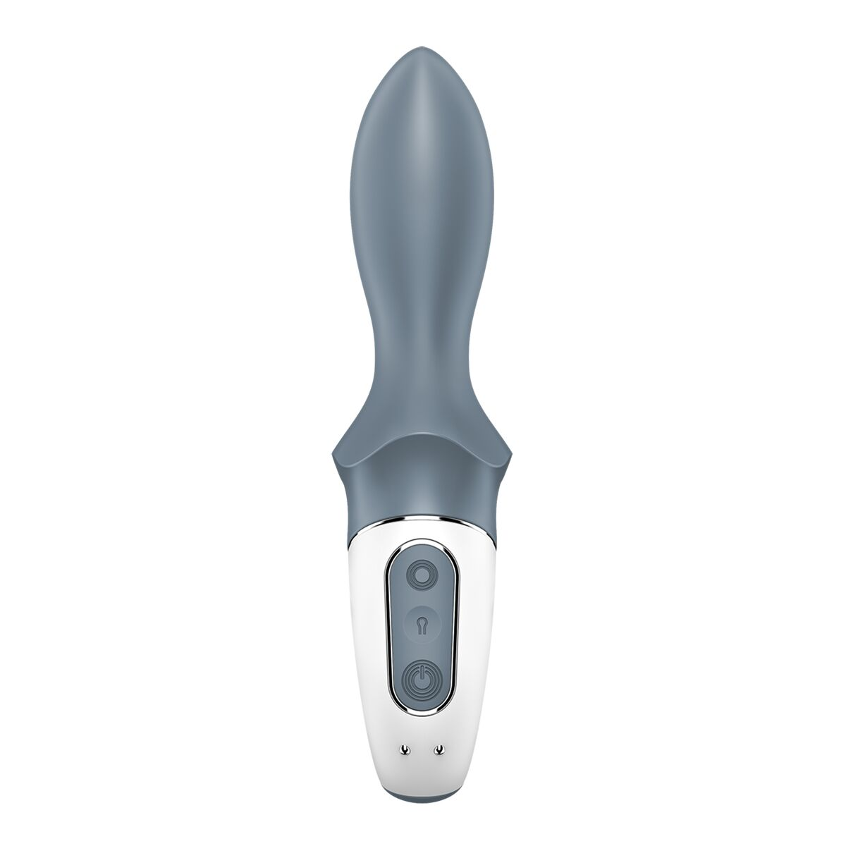 Ein grauer Vibrator mit geschwungenem Design und zwei Knöpfen wird gezeigt.
