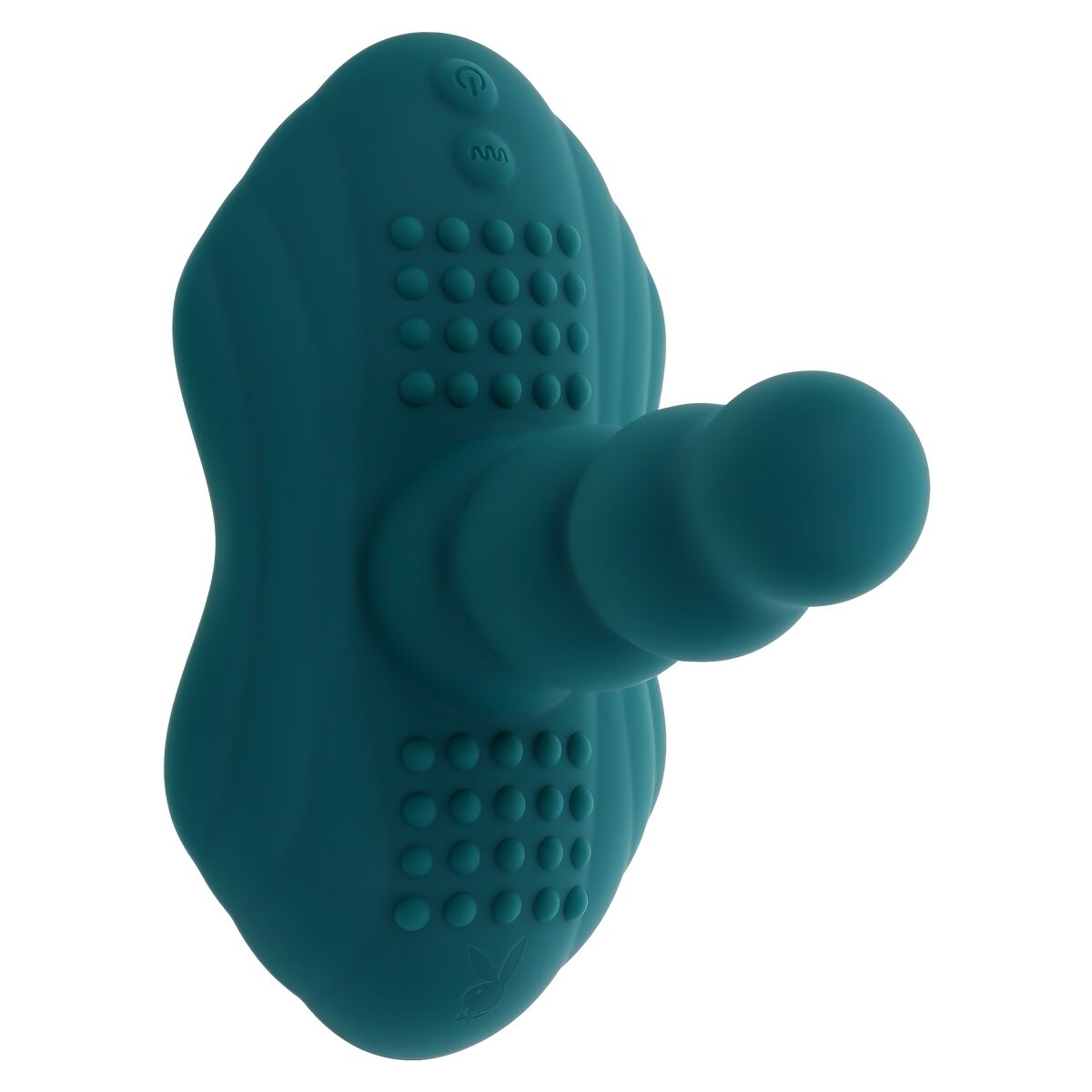 Türkisfarbener Vibrator mit knolliger Spitze und strukturierter Oberfläche auf weißem Hintergrund.