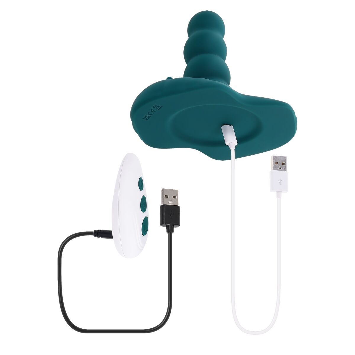 Türkisfarbenes Sexspielzeug mit USB-Ladekabel, weißer Fernbedienung und weißem Hintergrund.