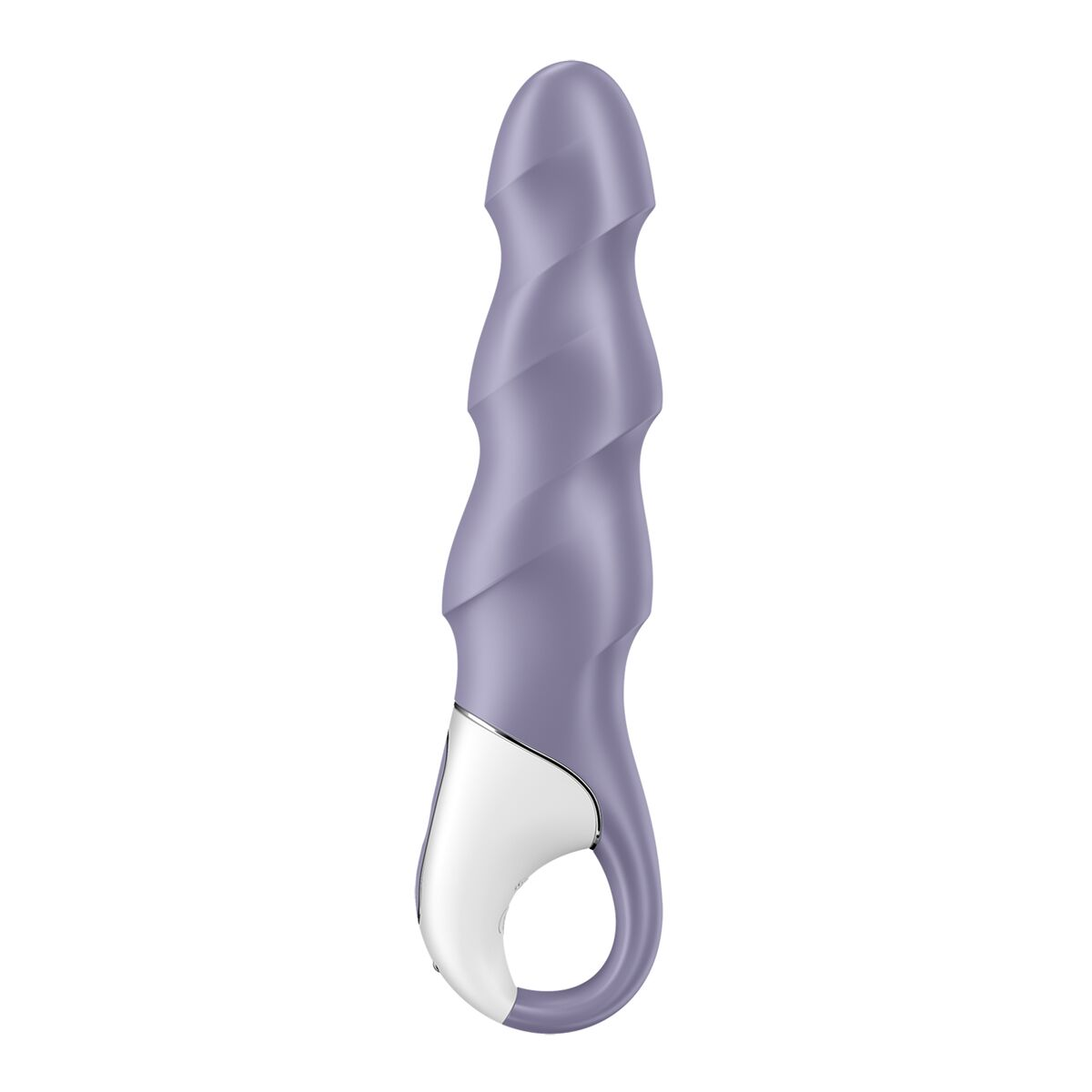 Lavendelfarbener Vibrator mit Spiraldesign und Ringschlaufe vor weißem Hintergrund.