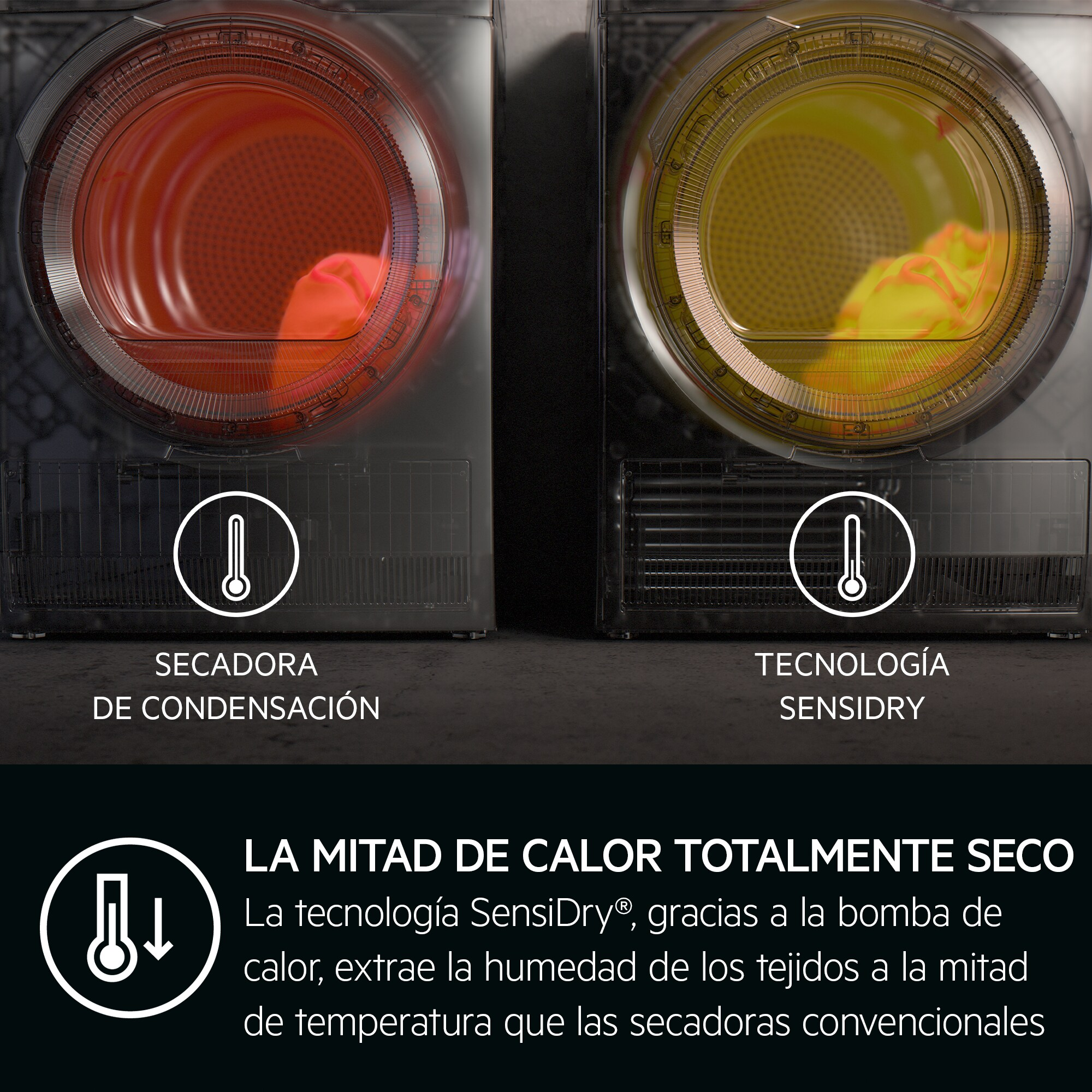 Imagen de una secadora con dos tambores transparentes. Texto en español describe tecnologías de secado.