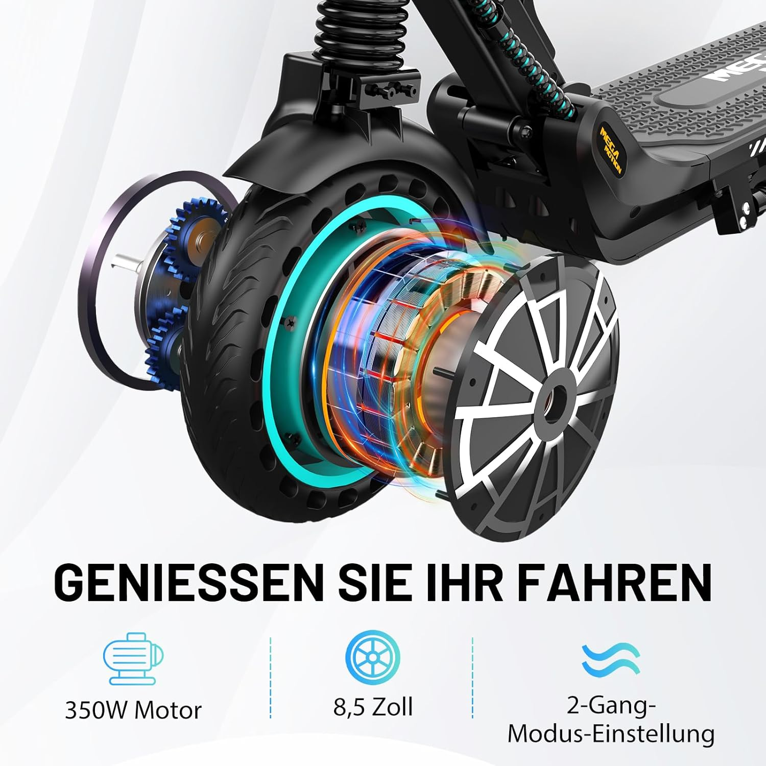 Zbliżenie koła hulajnogi elektrycznej. Widoczne grafiki i tekst.