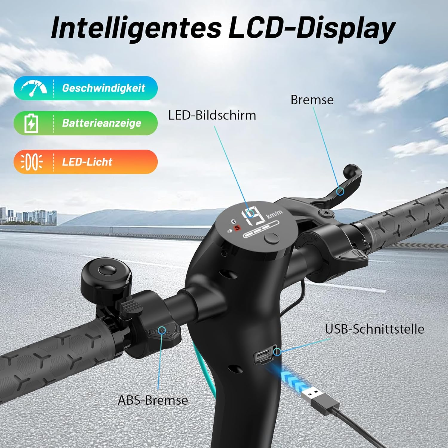 Panel sterowania skutera. Pokazuje prędkość, baterię i ikony świateł.