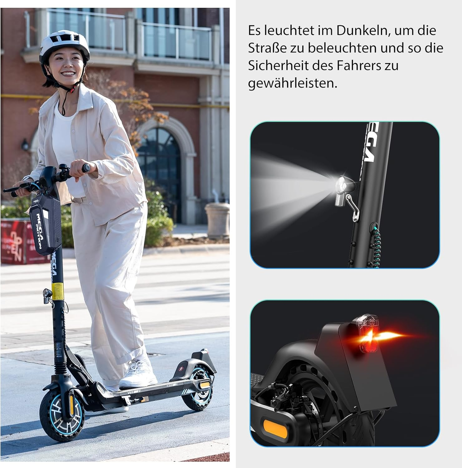 Kobieta jeżdżąca na skuterze w nocy. Światła skutera są włączone.