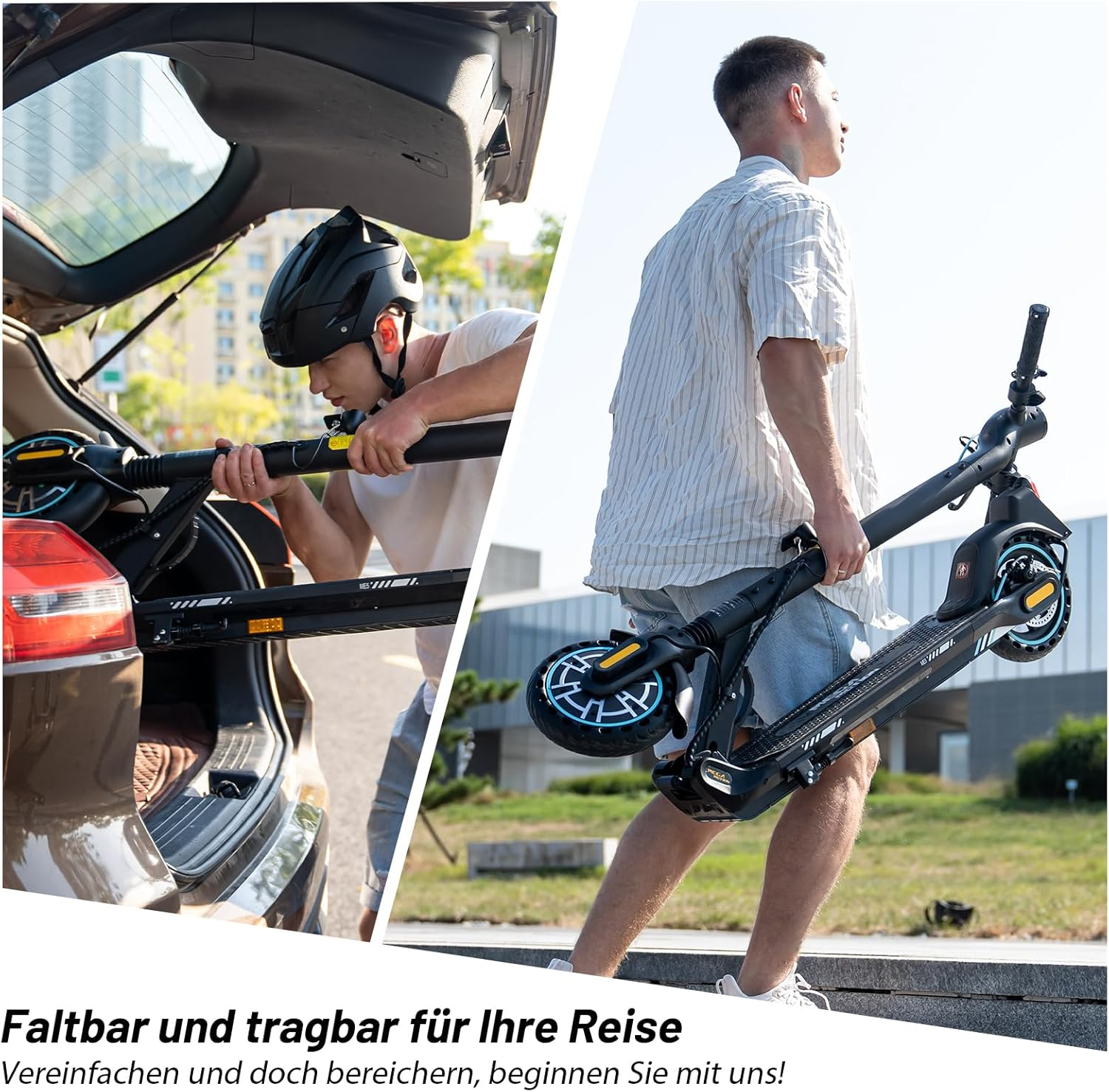 Mężczyzna składa i niesie hulajnogę. Inna osoba wkłada ją do samochodu.