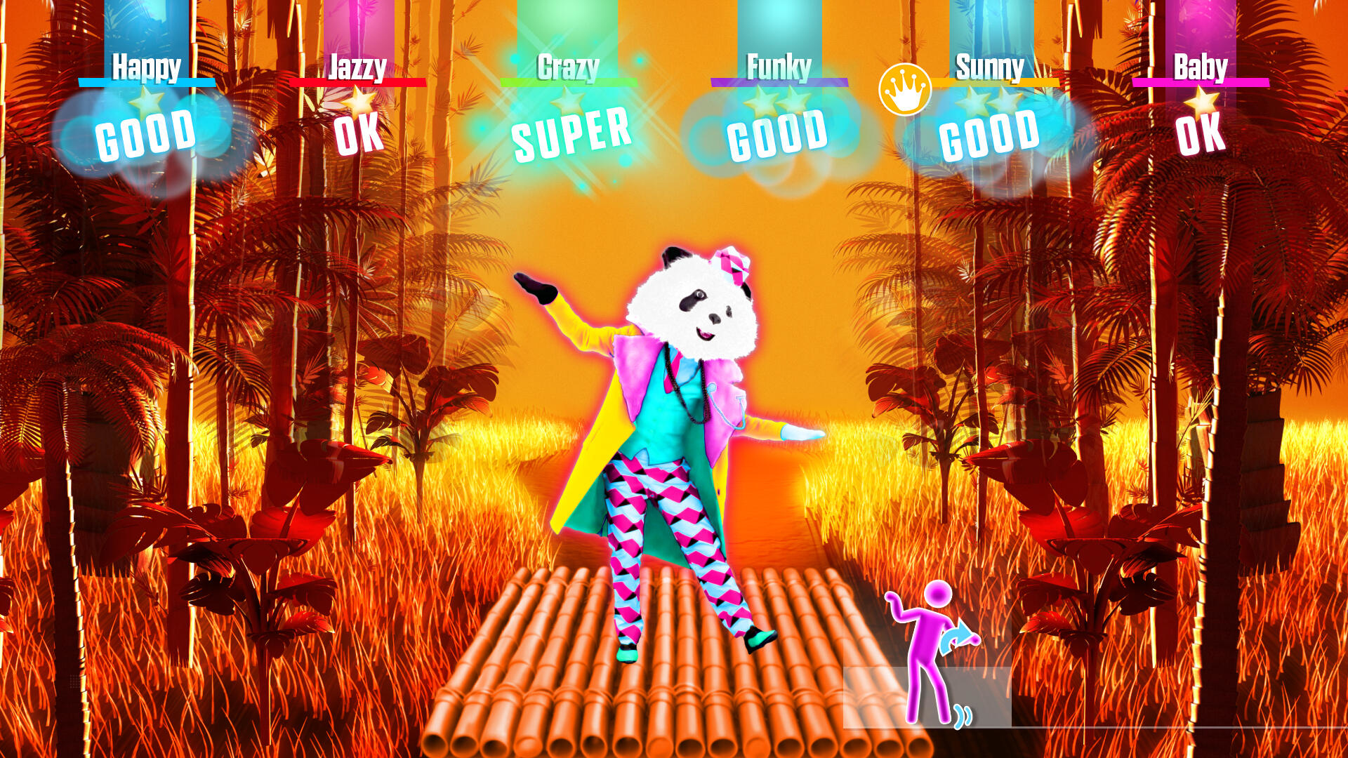 Ekran Just Dance. Panda tańczy na bambusowym moście. Tło to zachód słońca z palmami.